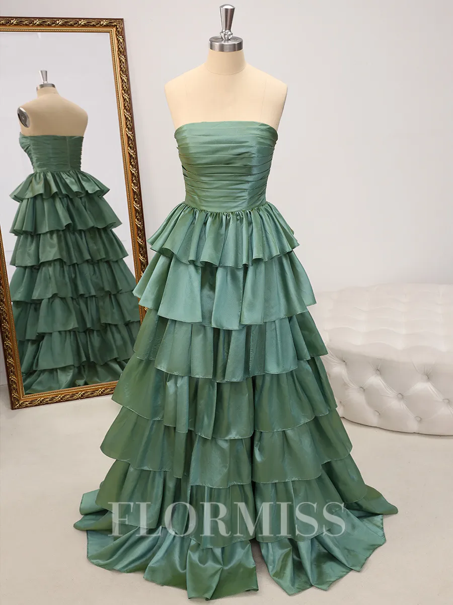 A-line Straight Cascading Ruffles Floor-Length Taffeta Porm Dress