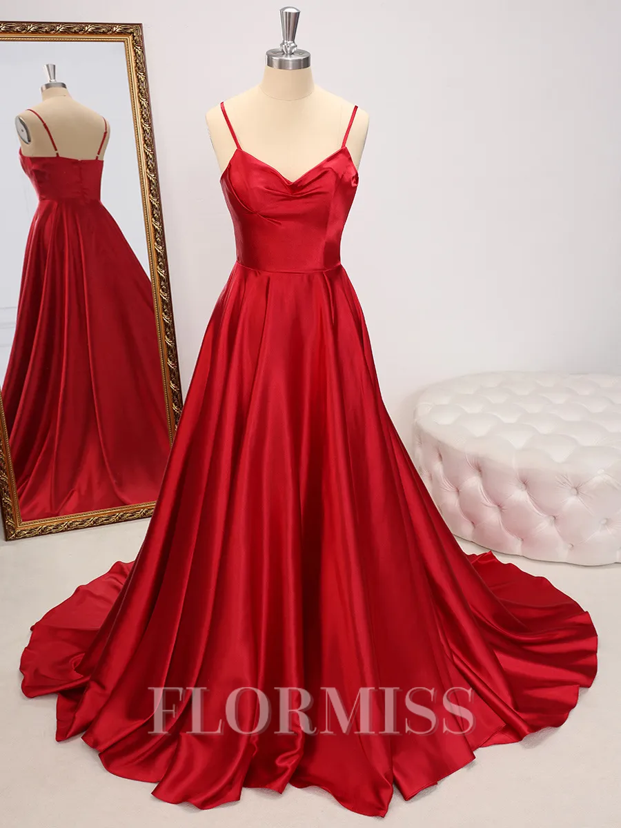 A-line Spaghetti Straps Sweep Train Silk Like Satin Porm Dress