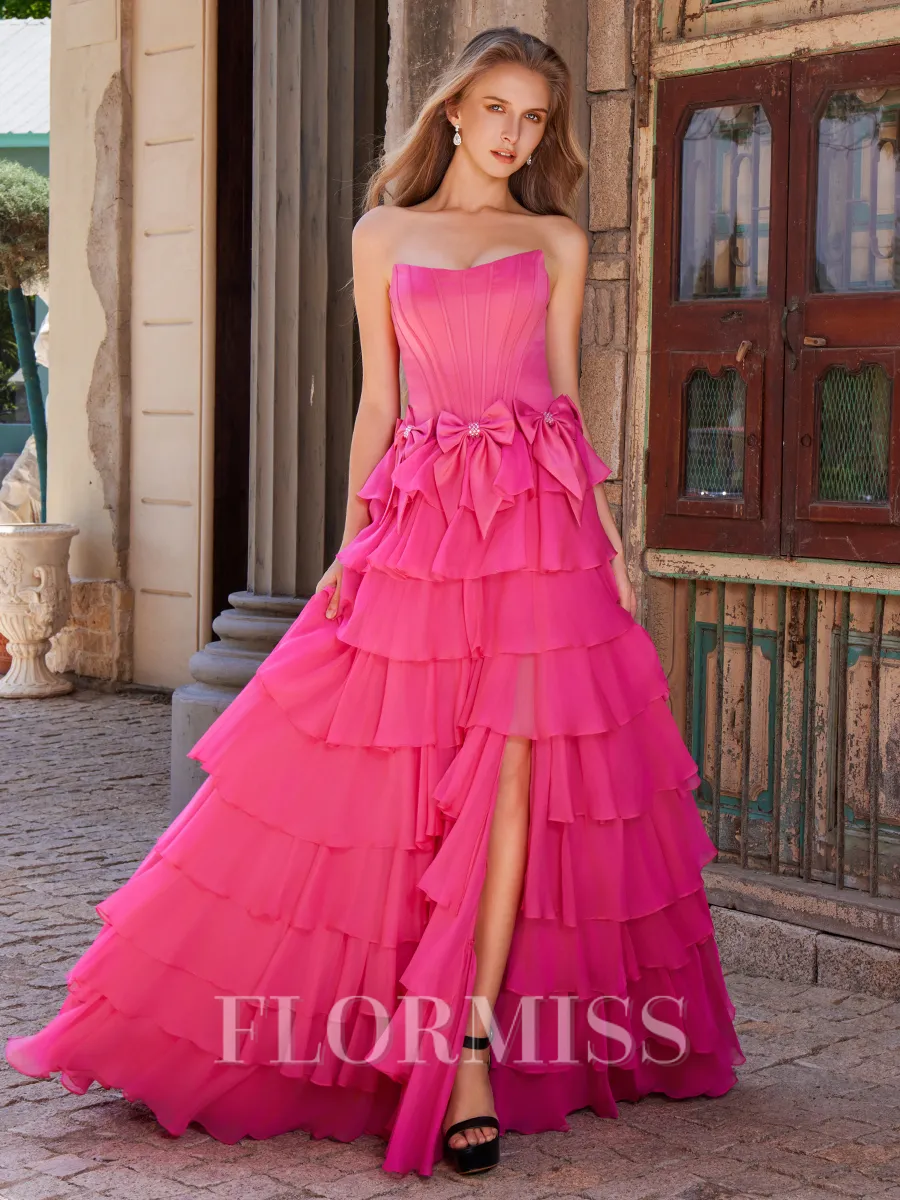 A-line Straight Bow Sweep Train 30D Chiffon Corset Porm Dress