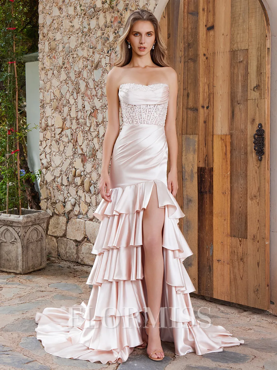 Sheath Straight Appliques Lace Court Train Silk Like Satin Corset Porm Dress