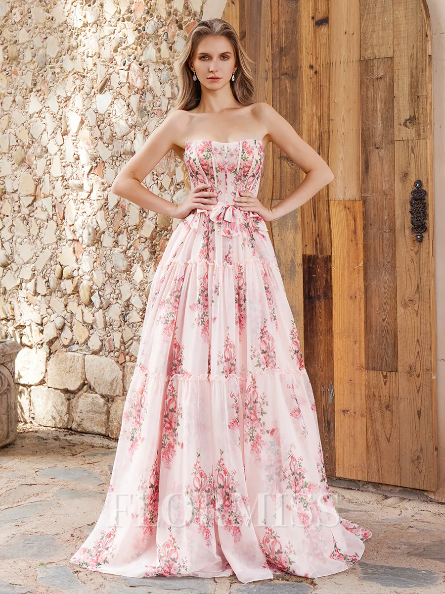 A-line Straight Bow Sweep Train Corset Porm Dress