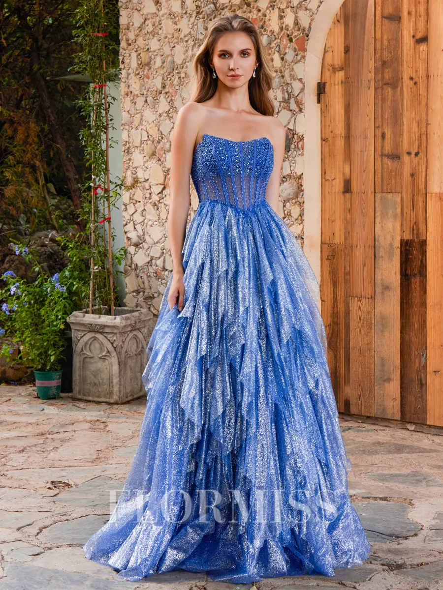 A-line Straight Cascading Ruffles Floor-Length Corset Porm Dress