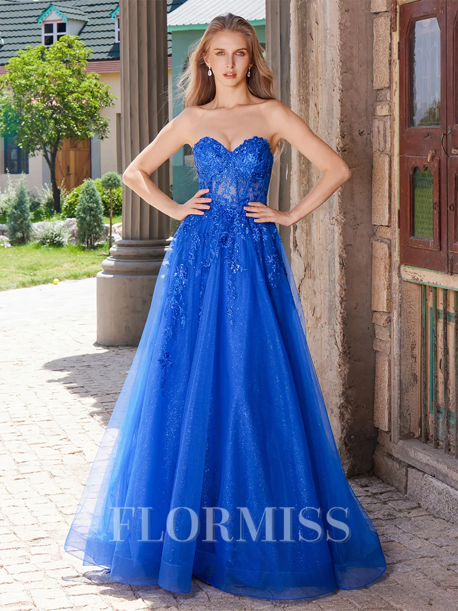 A-line Sweetheart Appliques Lace Sweep Train Tulle Corset Porm Dress