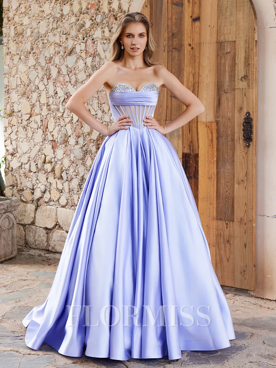 Ball-Gown Sweetheart Rhinestone Sweep Train Satin Corset Porm Dress