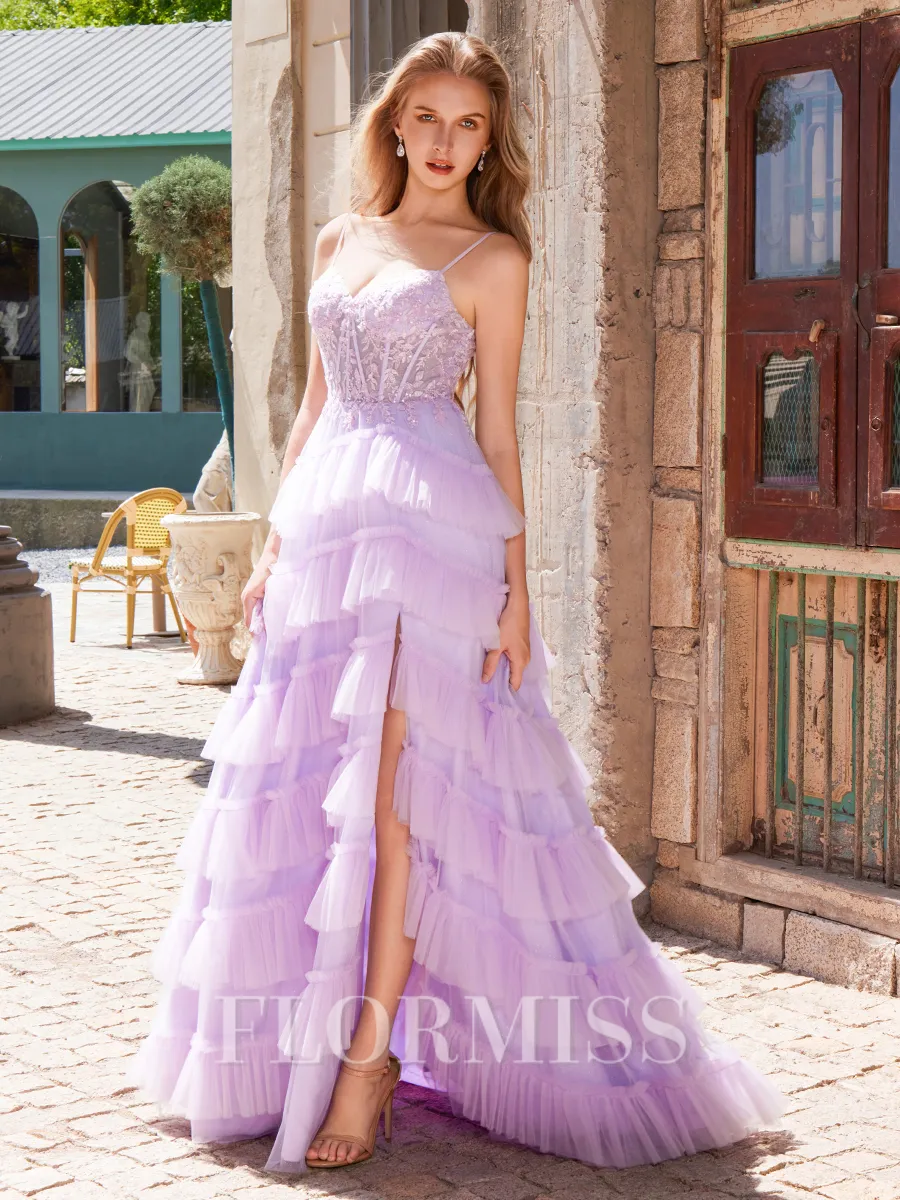 A-line Spaghetti Straps Appliques Lace Sweep Train Tulle Corset Porm Dress