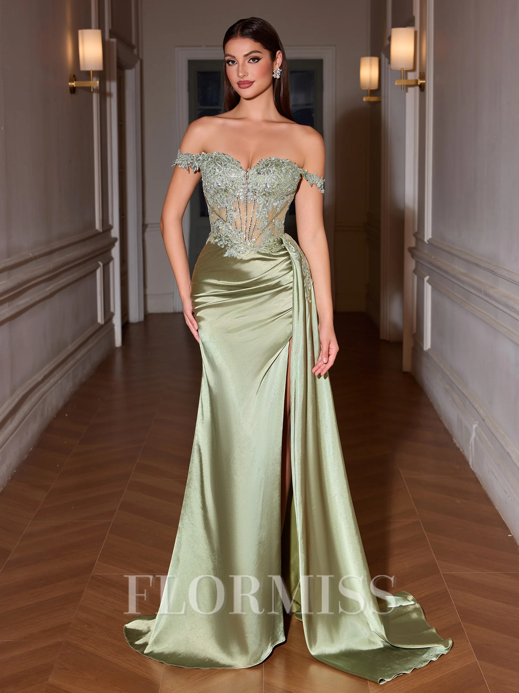 Sheath Off-the-Shoulder Appliques Lace Sweep Train Silk Like Satin Corset Porm Dress