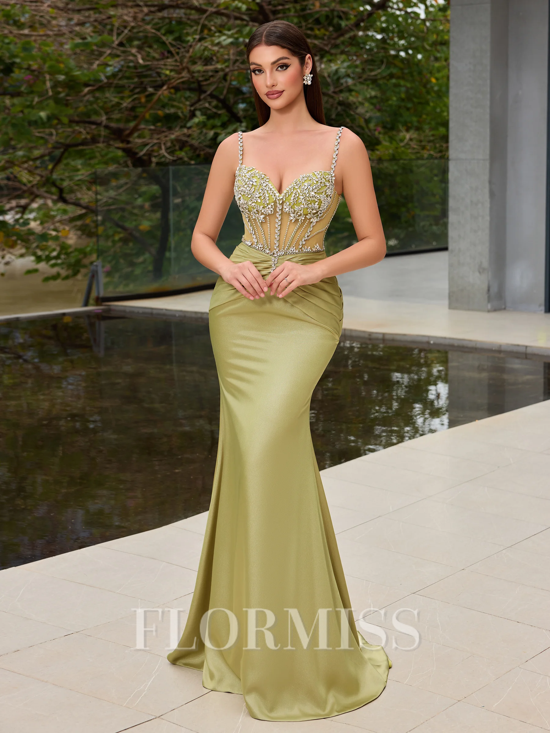 Sheath Straps Rhinestone Sweep Train Corset Porm Dress