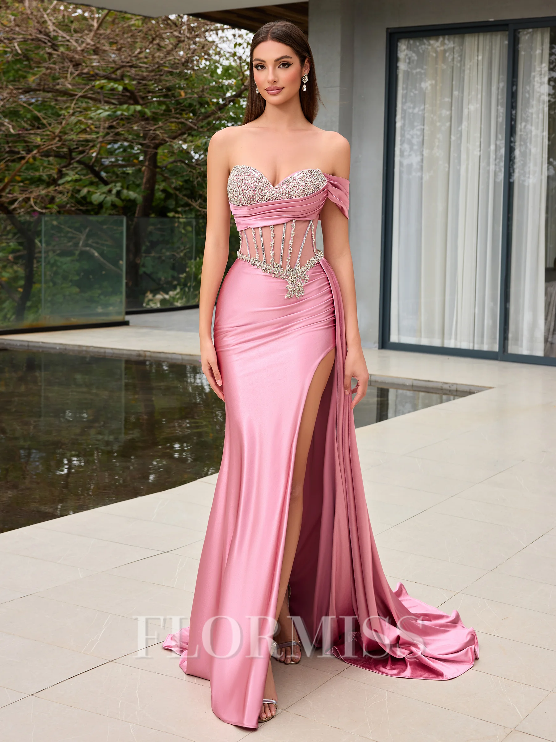 Sheath One-Shoulder Rhinestone Sweep Train Corset Porm Dress