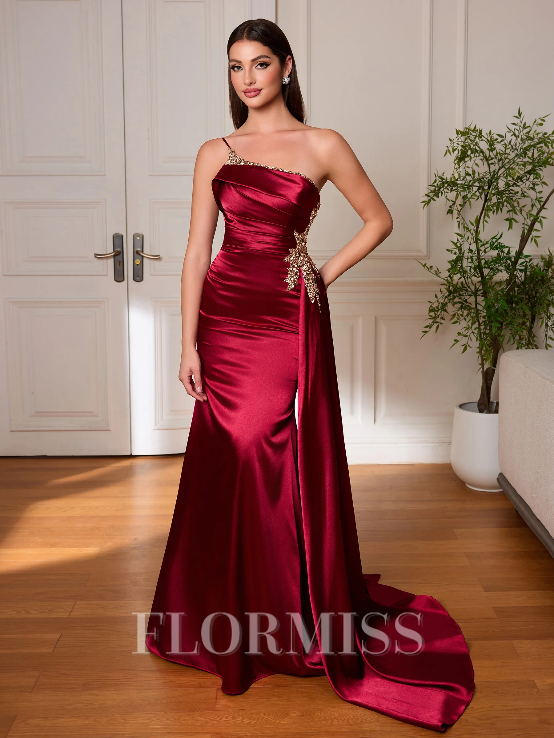 Sheath One-Shoulder Rhinestone Sweep Train Silk Like Satin Corset Porm Dress