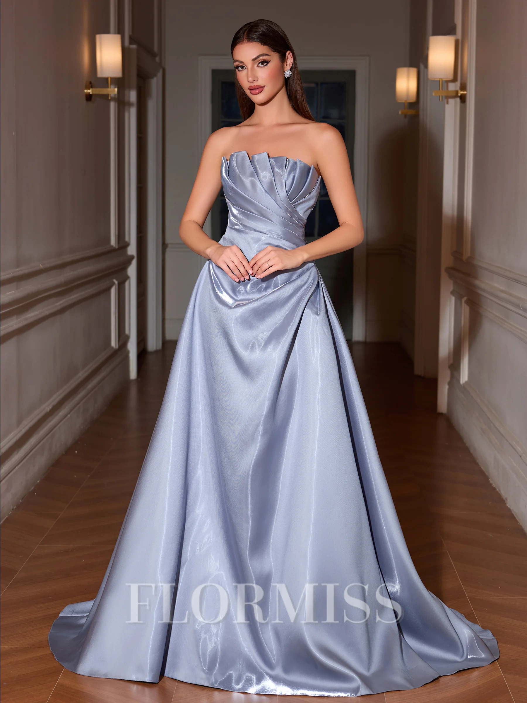 A-line Straight Pleated Sweep Train Corset Porm Dress