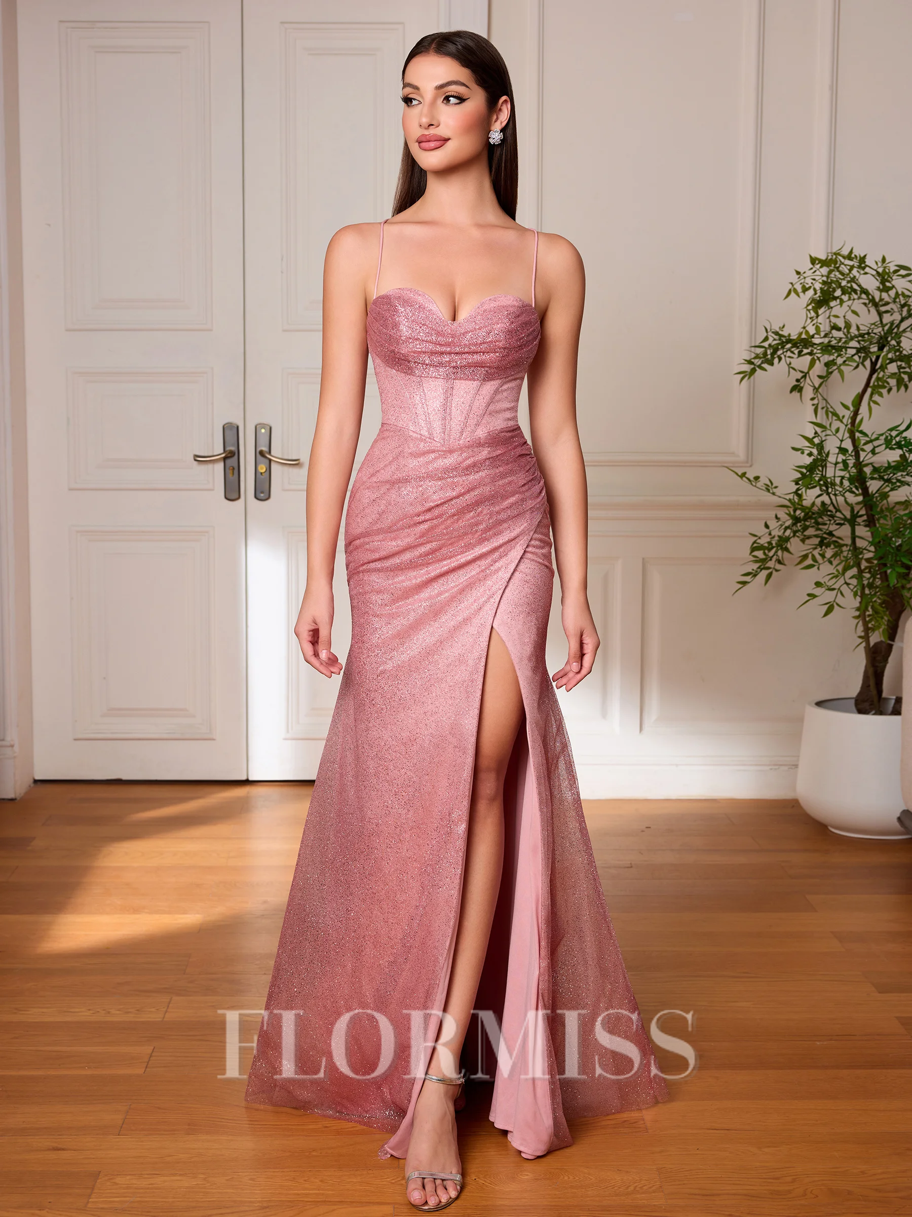 Sheath Spaghetti Straps Pleated Floor-Length Corset Porm Dress