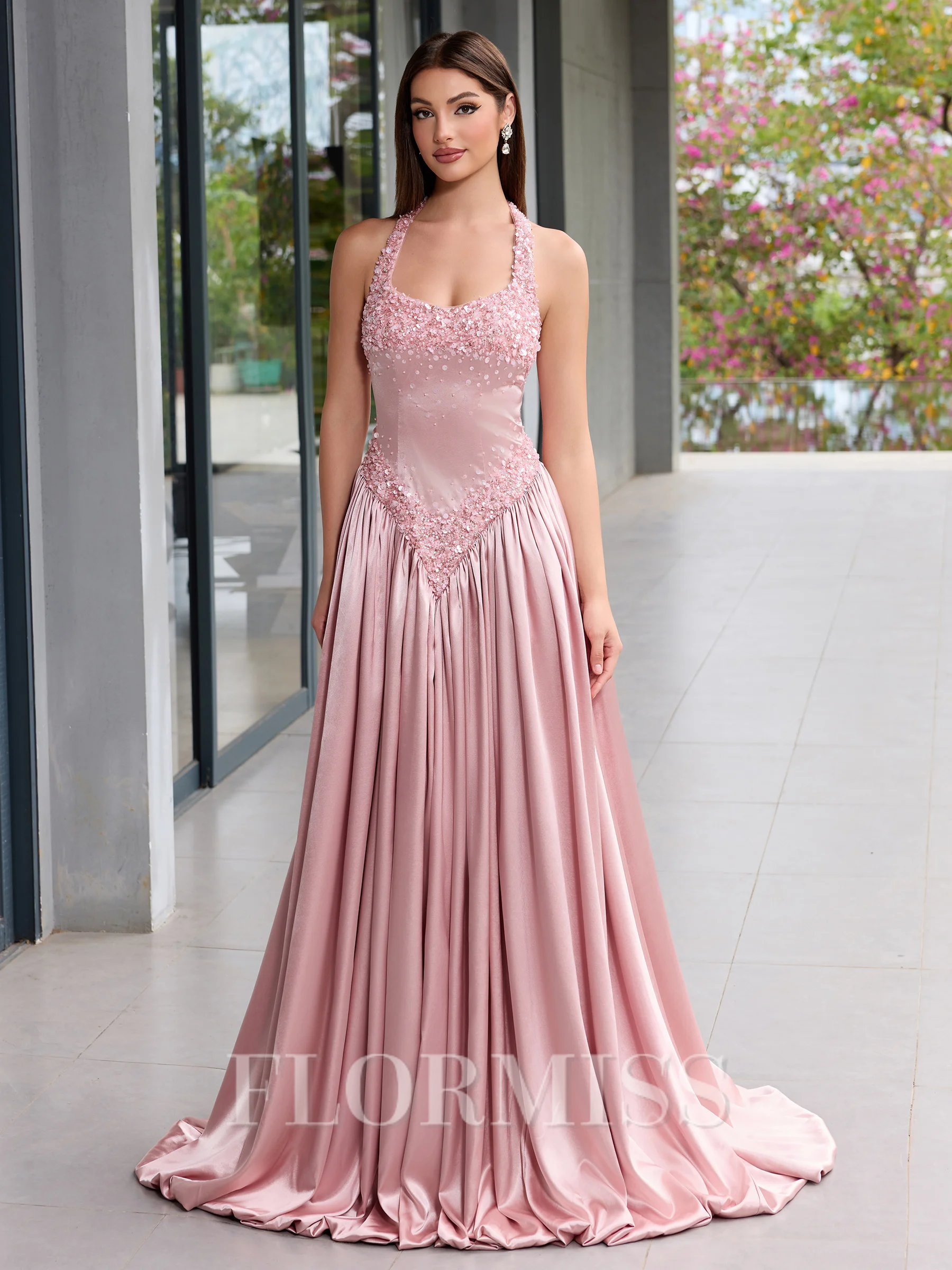 A-line Halter Beading Sweep Train Silk Like Satin Porm Dress