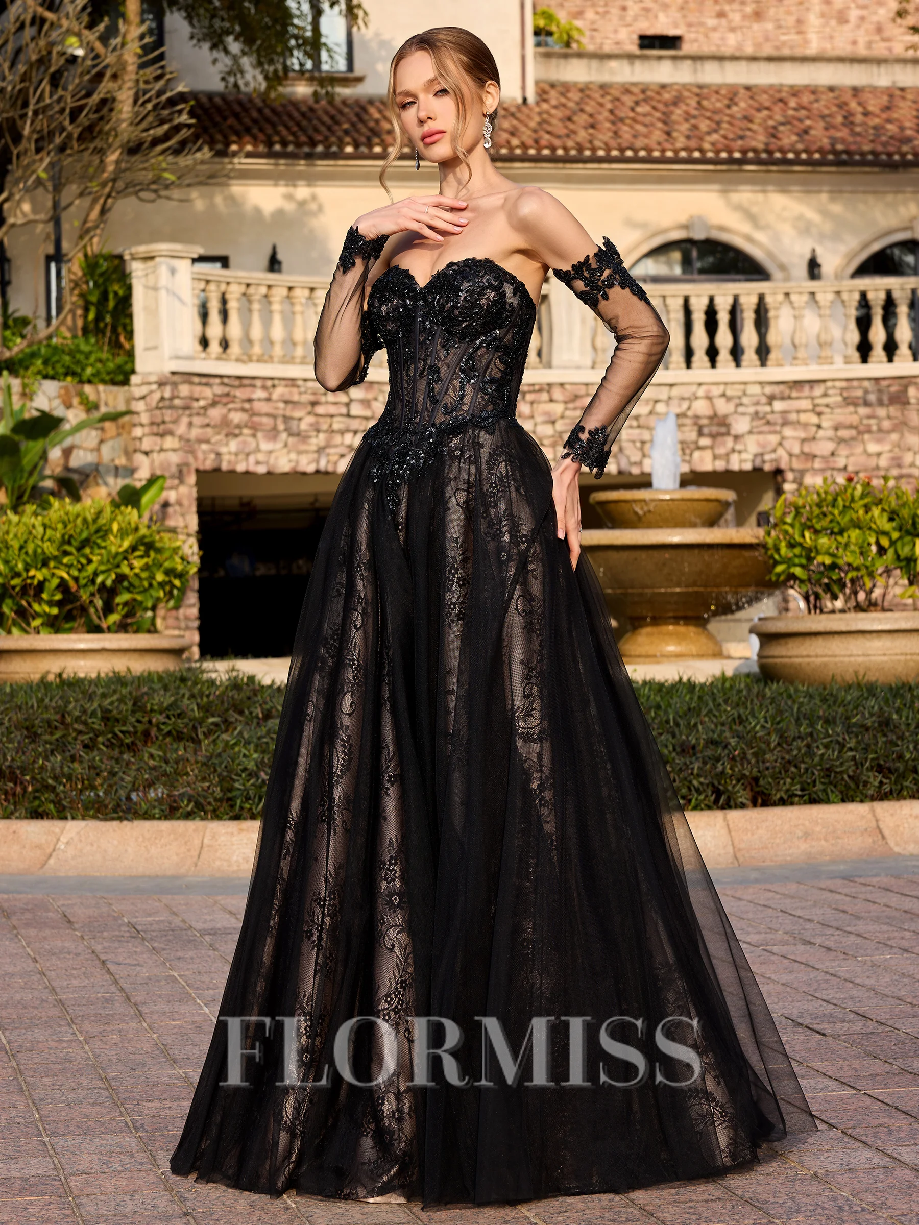 A-line Sweetheart Long Sleeves Appliques Lace Floor-Length Tulle Corset Prom Dress