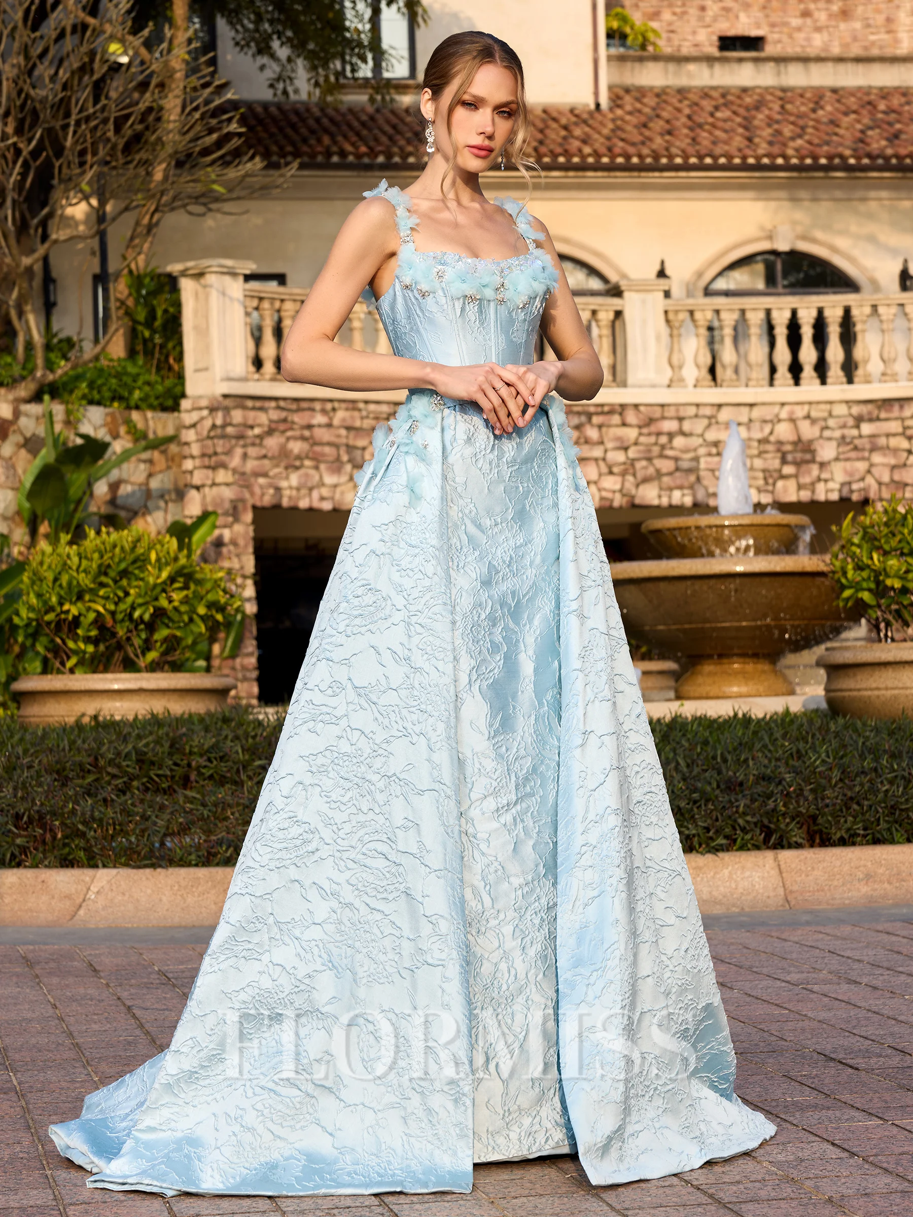 A-line Straps Flower Floor-Length Corset Prom Dress