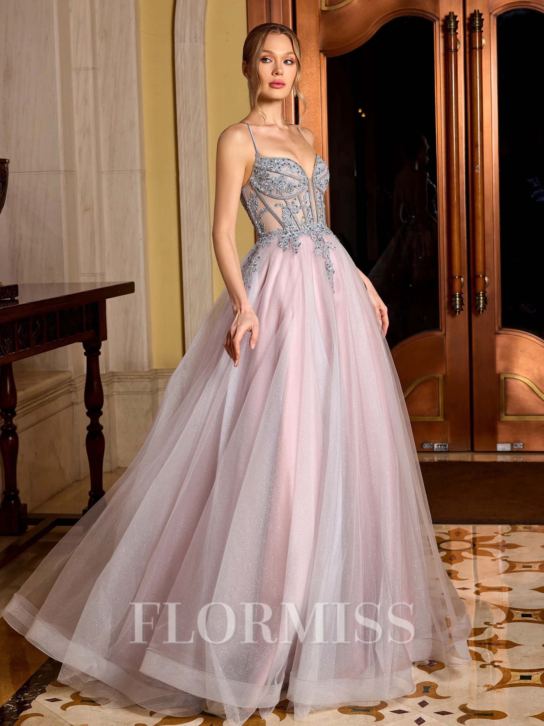 A-line Spaghetti Straps Appliques Lace Floor-Length Corset Prom Dress