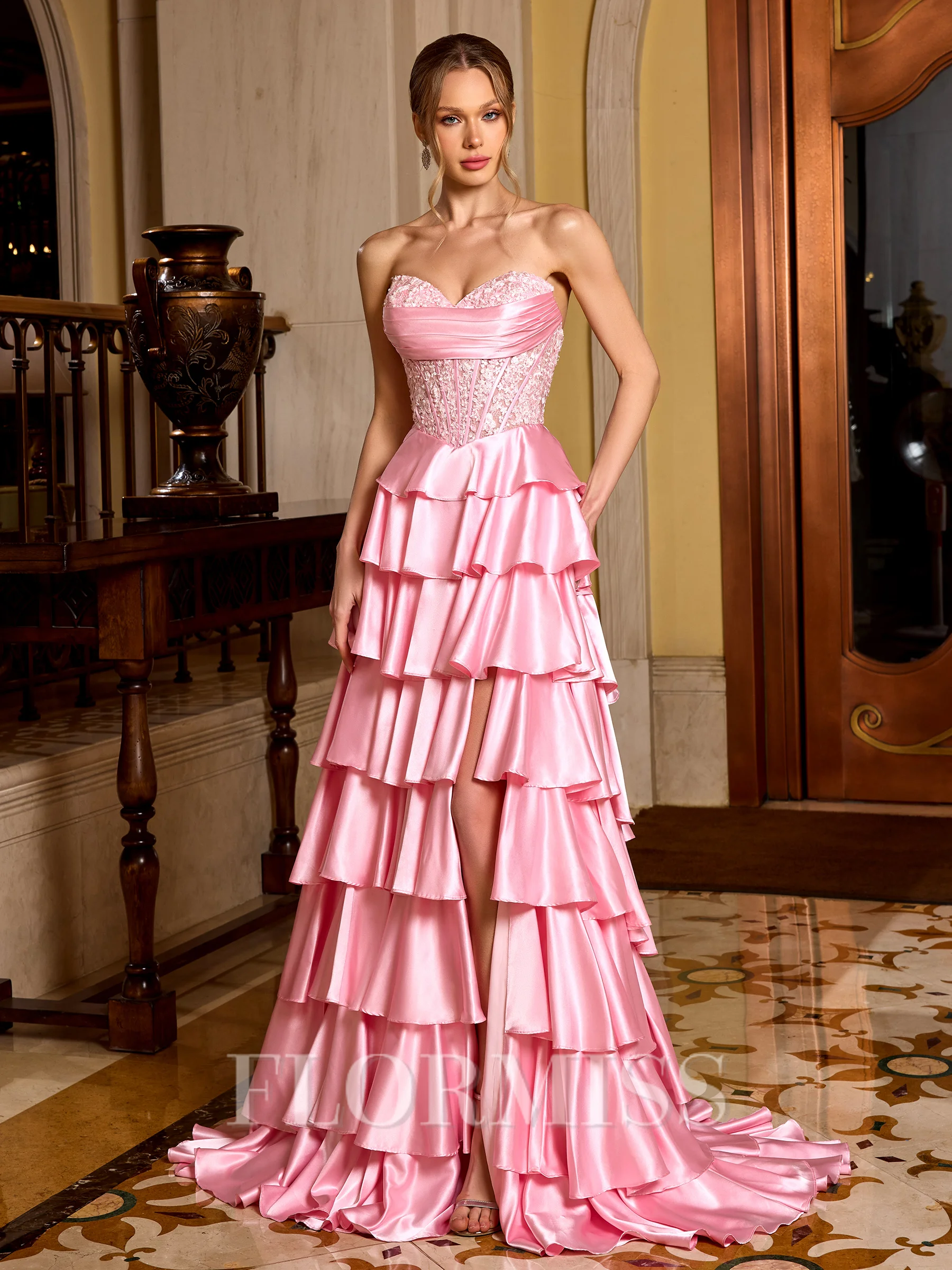 A-line Sweetheart Appliques Lace Sweep Train Silk Like Satin Corset Prom Dress