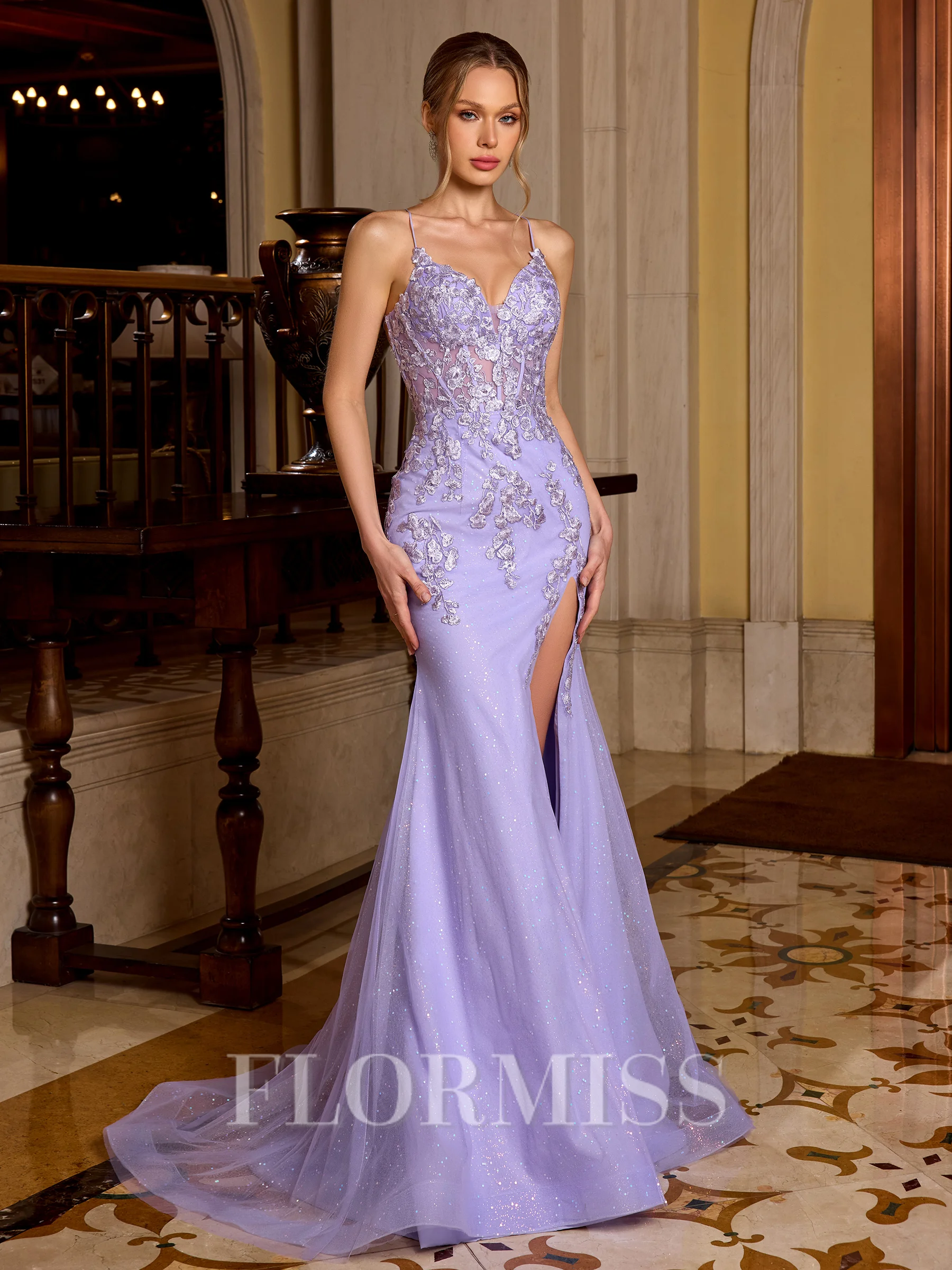 Sheath V-neck Appliques Lace Sweep Train Tulle Corset Prom Dress