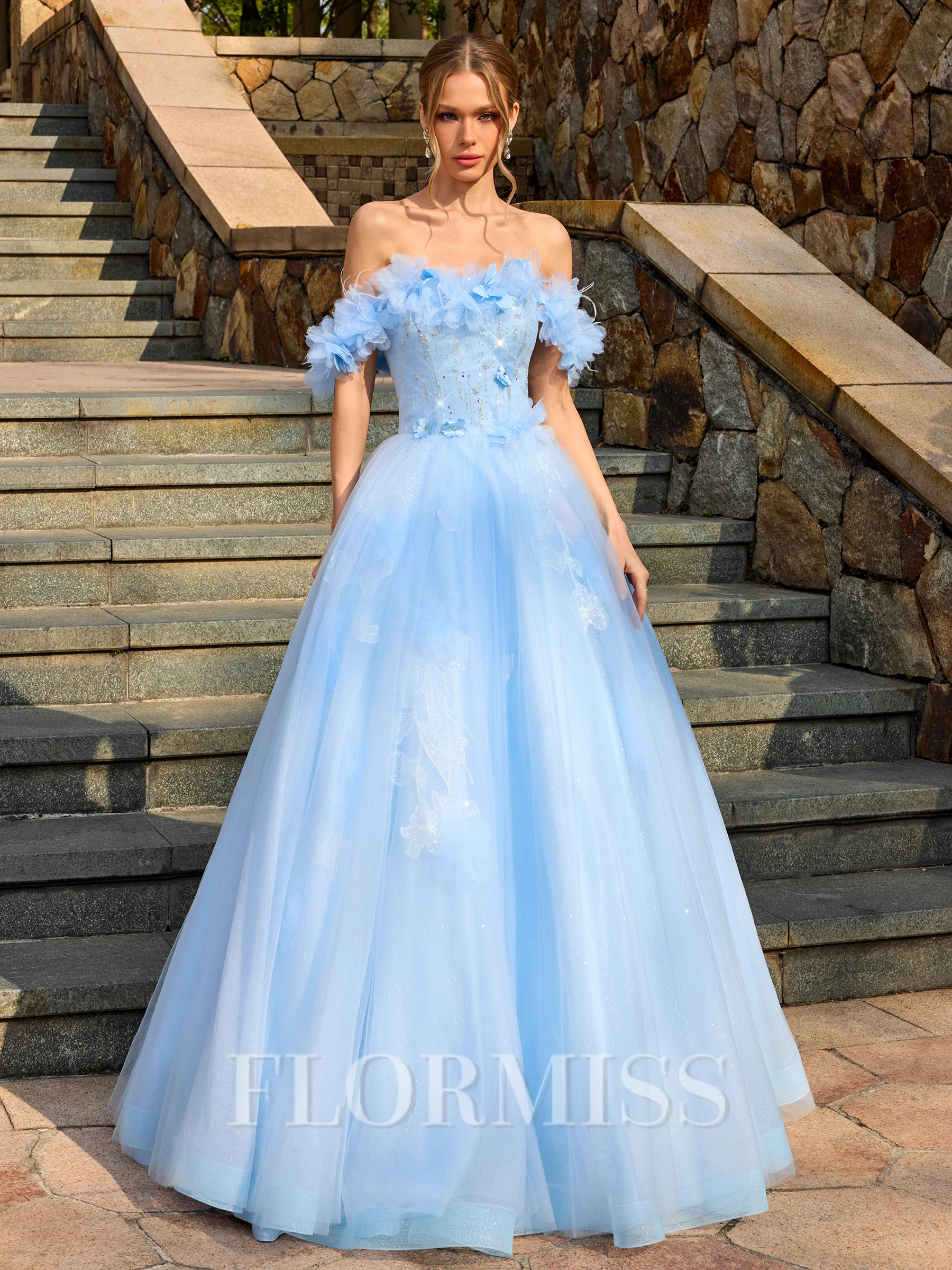 Ball-Gown Off-the-Shoulder Flower Floor-Length Tulle Corset Prom Dress