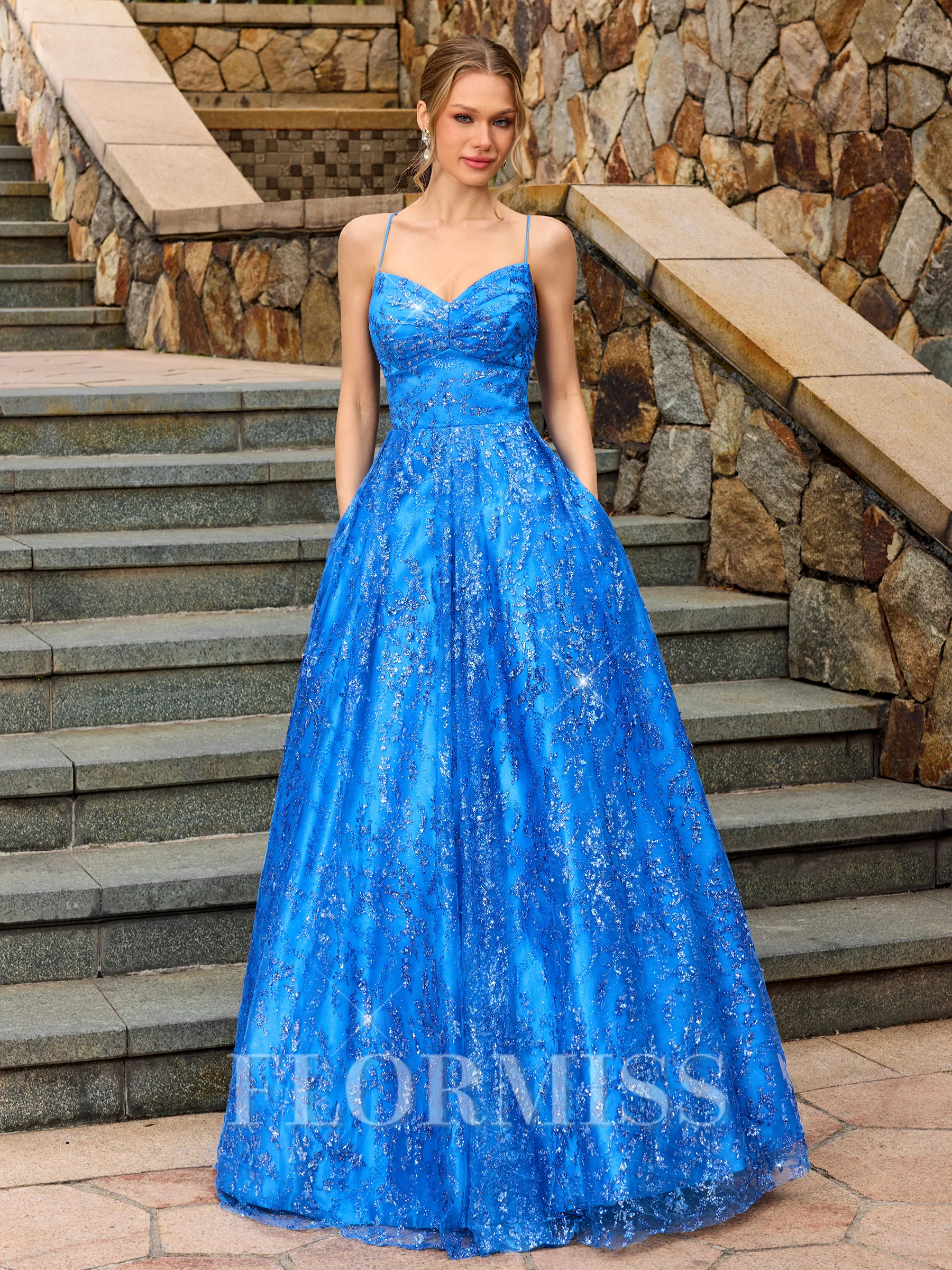 A-line Spaghetti Straps Pleated Floor-Length Lace Corset Prom Dress