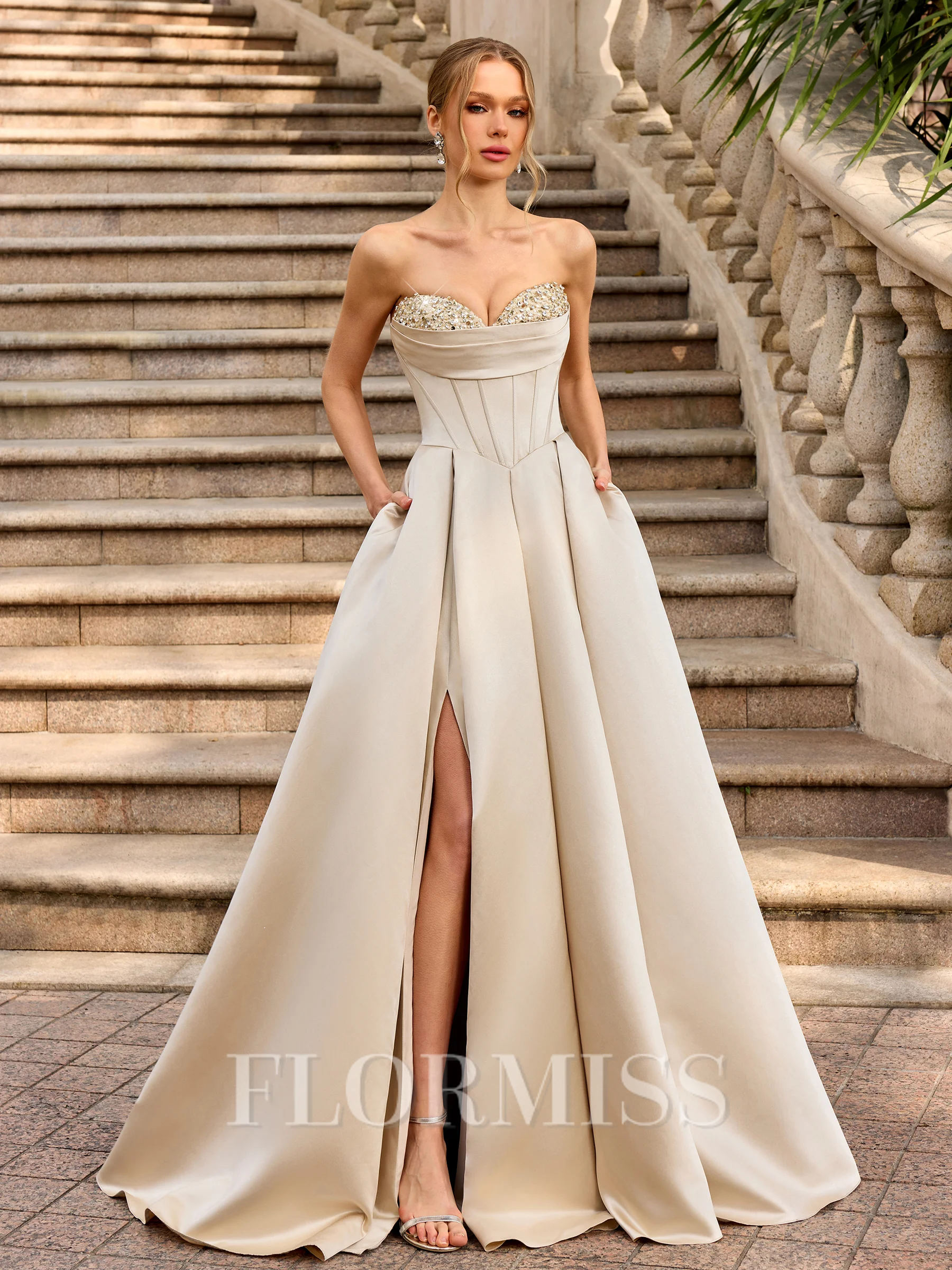 A-line Sweetheart Sequin Floor-Length Satin Corset Prom Dress