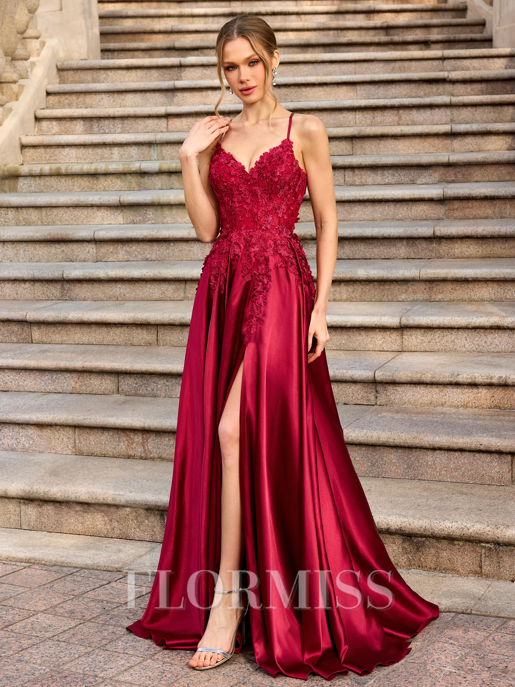 A-line V-neck Appliques Lace Floor-Length Silk Like Satin Corset Prom Dress