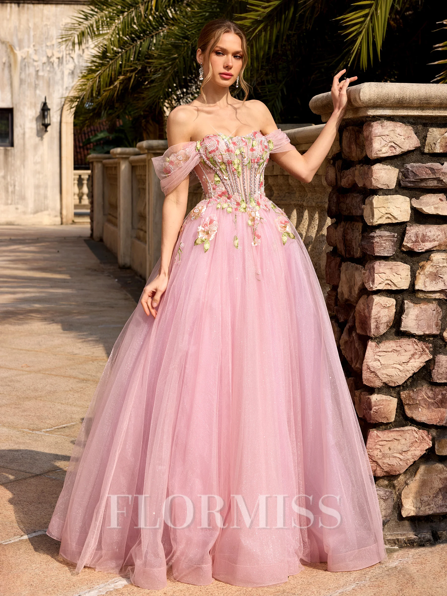 A-line Off-the-Shoulder Appliques Lace Floor-Length Tulle Corset Prom Dress