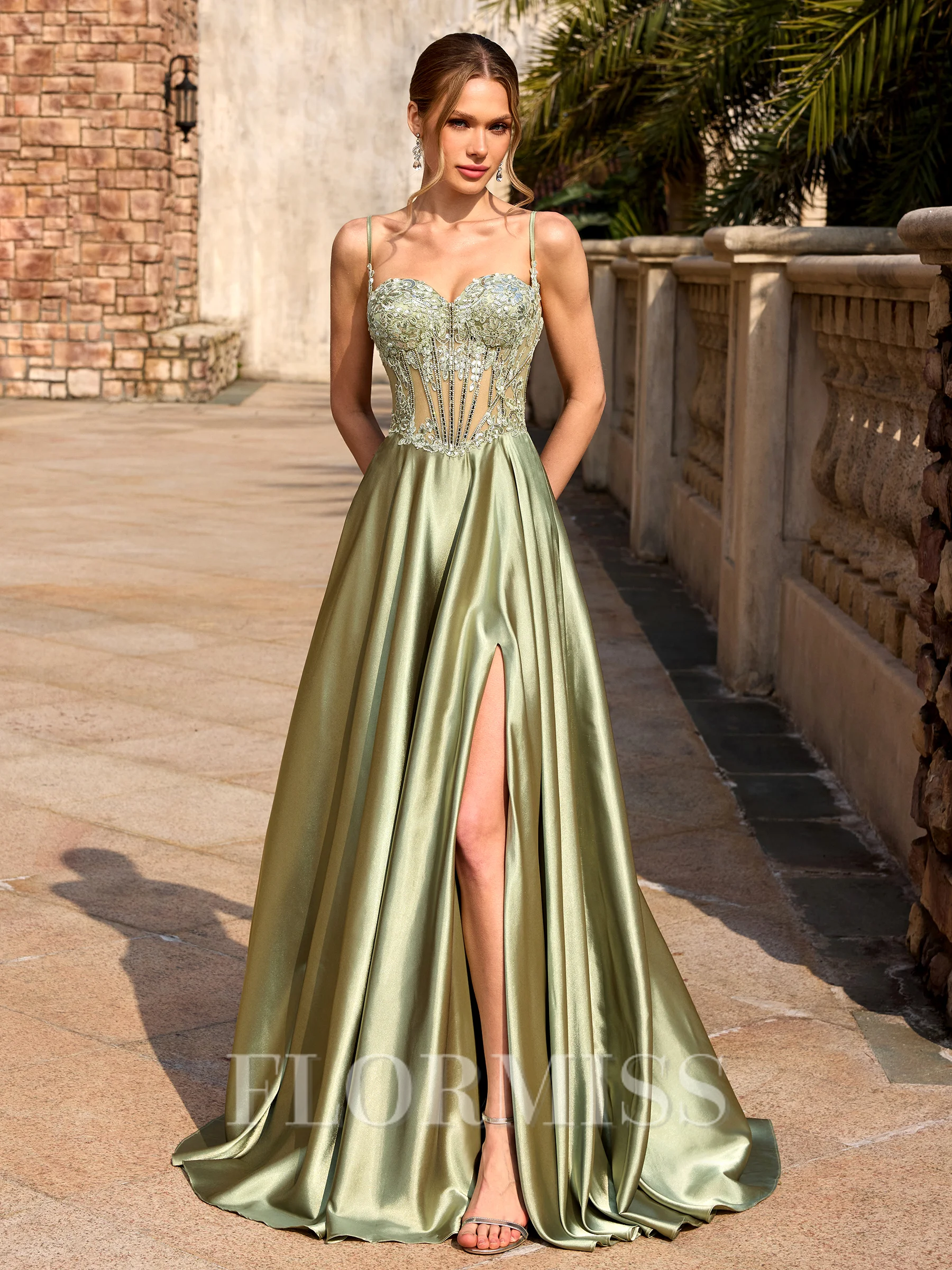 A-line Spaghetti Straps Appliques Lace Sweep Train Silk Like Satin Corset Prom Dress