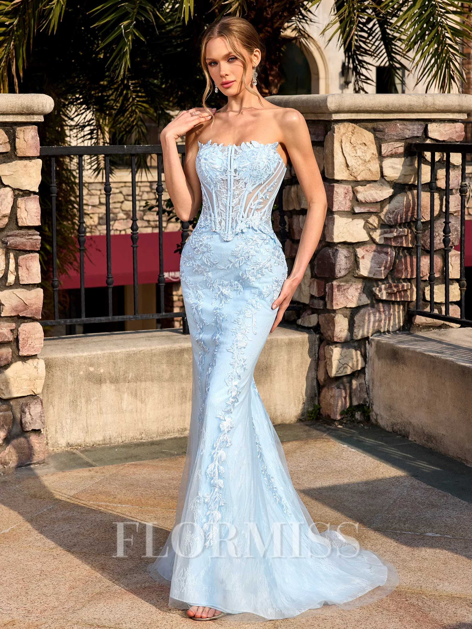 Sheath Straight Appliques Lace Sweep Train Tulle Corset Prom Dress