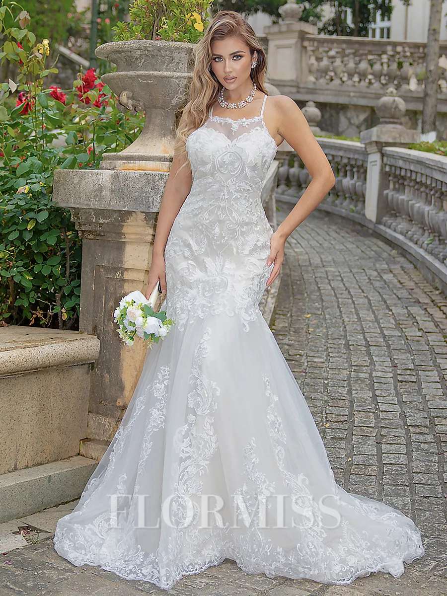 Trumpet/Mermaid Lace Spaghetti Straps Sleeveless Sweep Train Wedding Dress