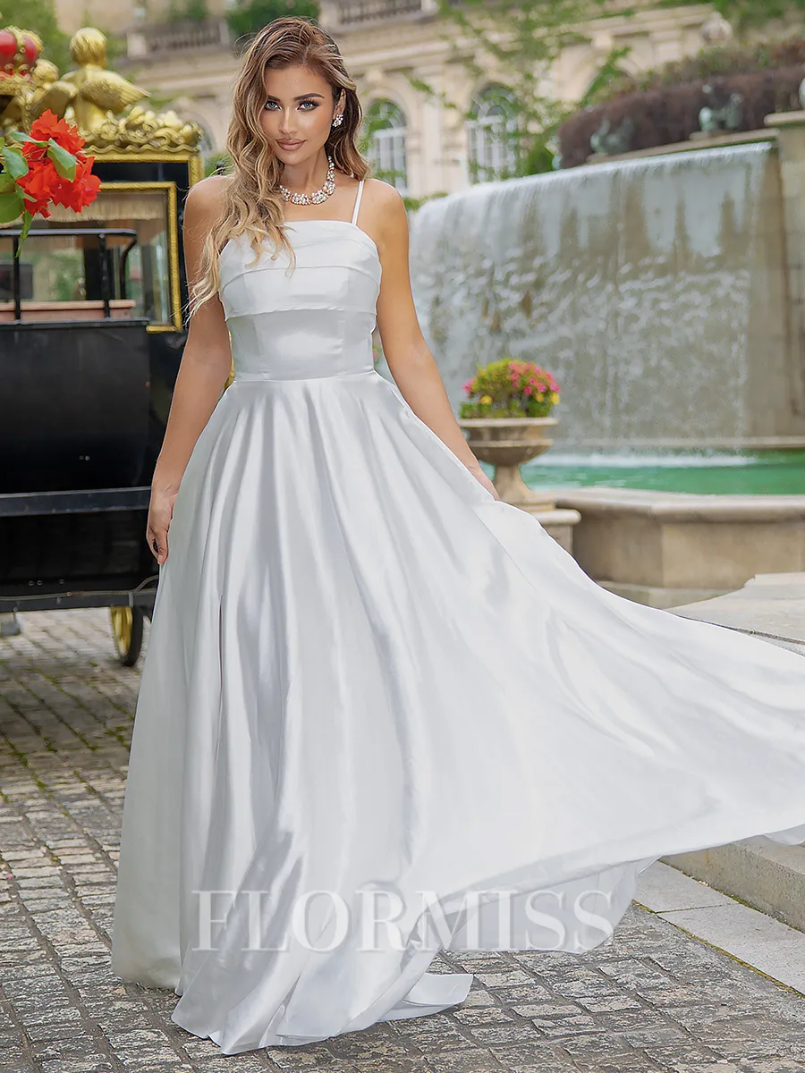 A-line/Princess Satin Spaghetti Straps Sleeveless Sweep Train Wedding Dress