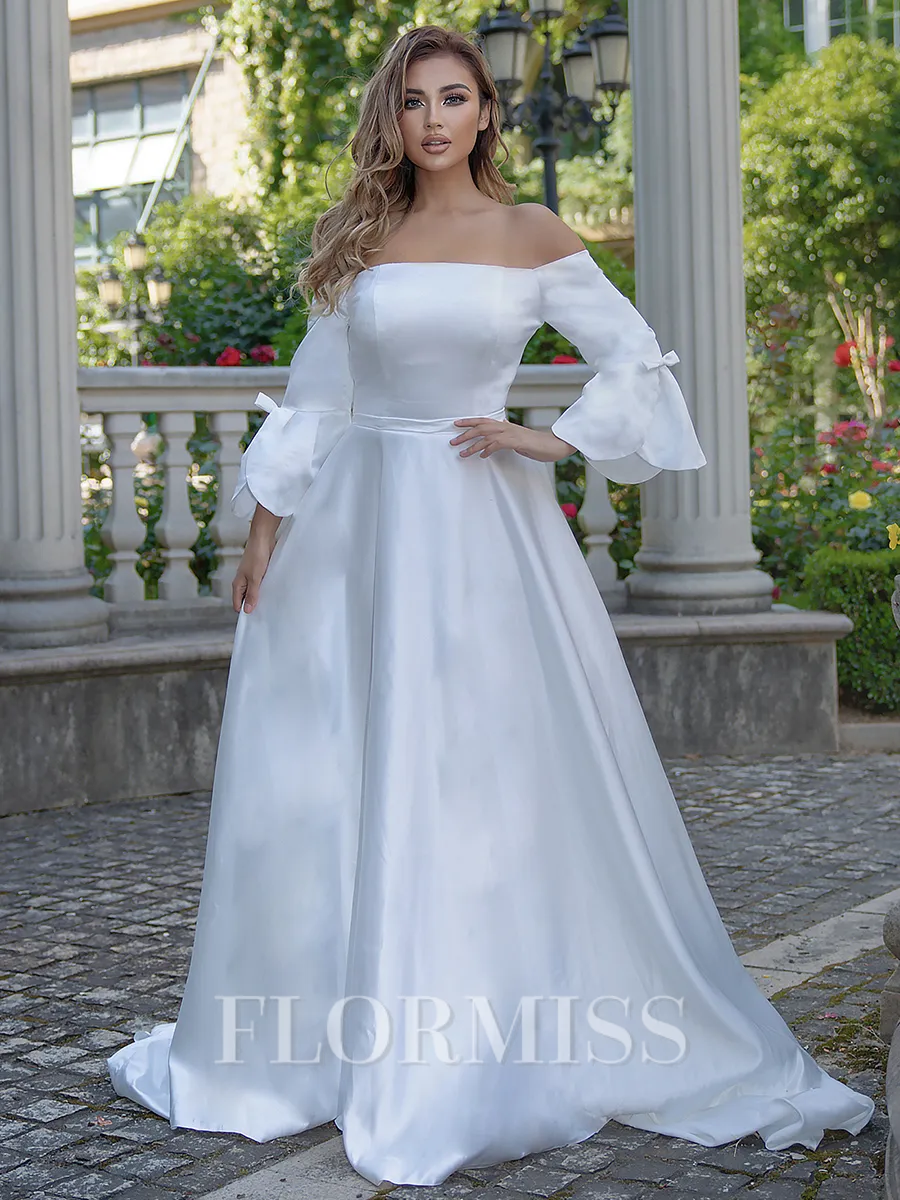 A-line/Princess Charmeuse Off-the-Shoulder 3/4 Sleeves Sweep Train Wedding Dress