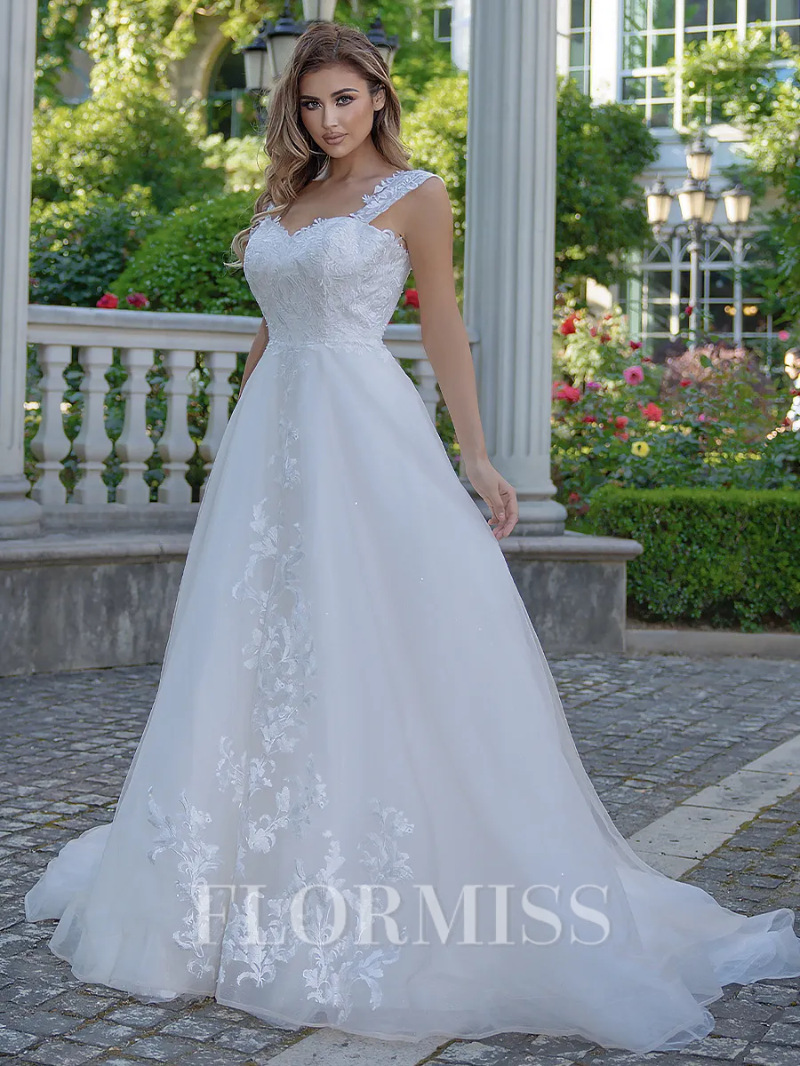 A-line/Princess Lace Sweetheart Sleeveless Sweep Train Wedding Dress