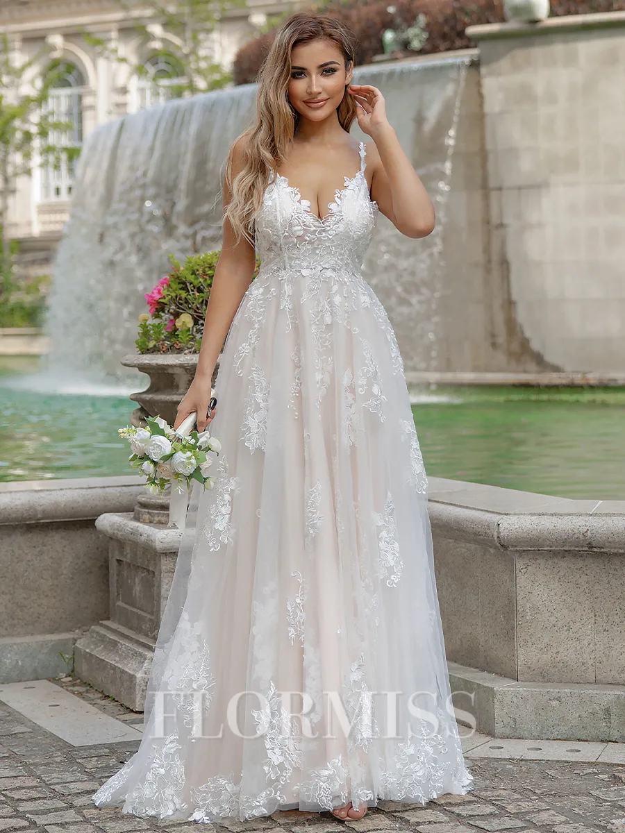 A-line/Princess Lace V-neck Sleeveless Sweep Train Wedding Dress
