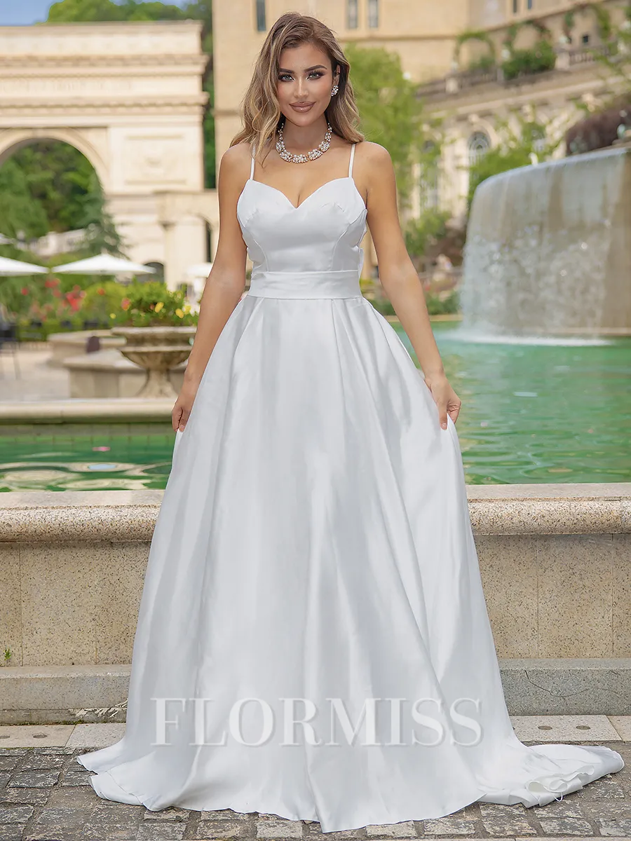 A-line/Princess Satin V-neck Sleeveless Sweep Train Wedding Dress