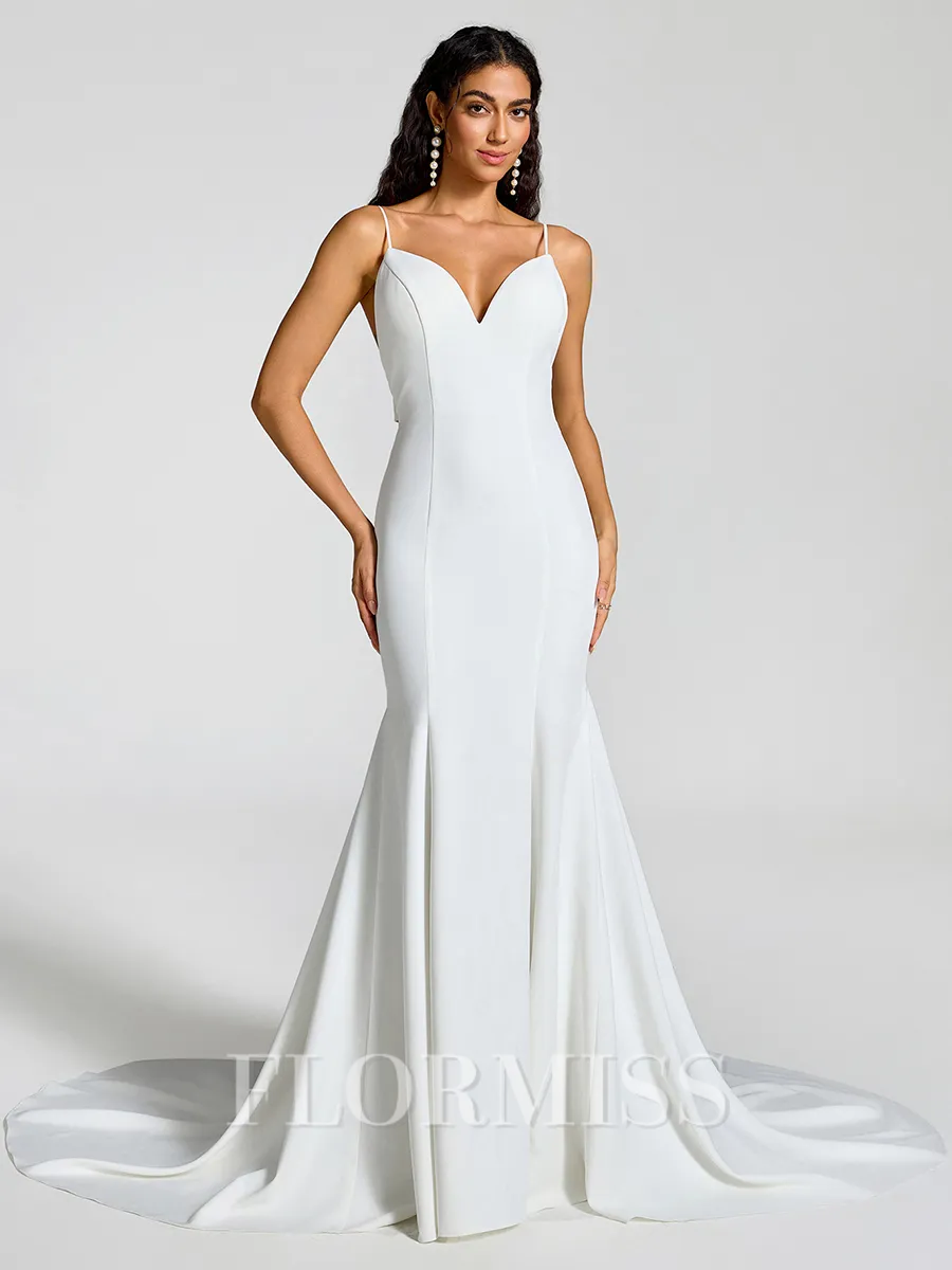 Sheath V-neck Bow Chapel Train Stretch Crepe Wedding Dress