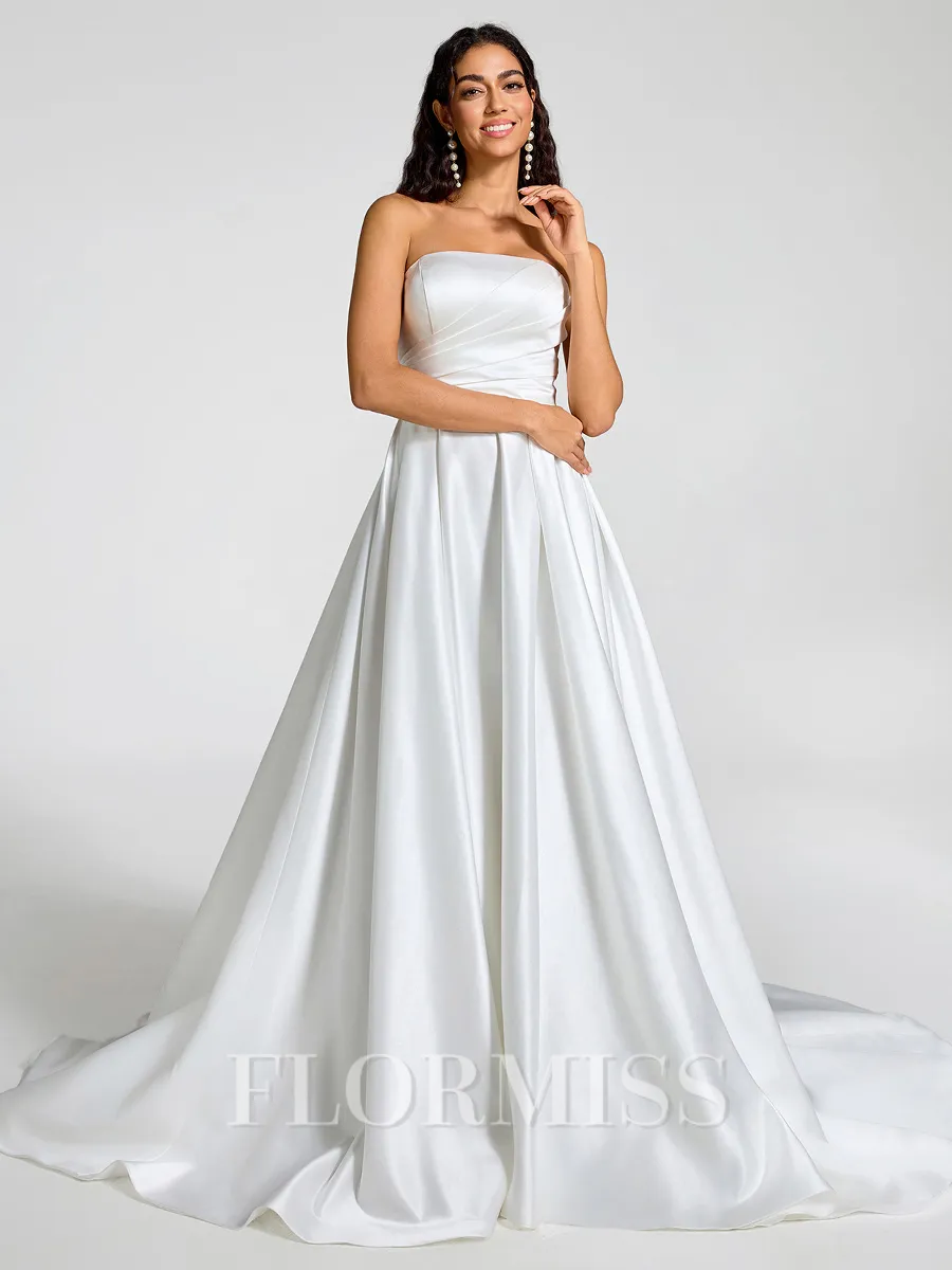 A-line Straight Pleated Chapel Train Satin Wedding Dress