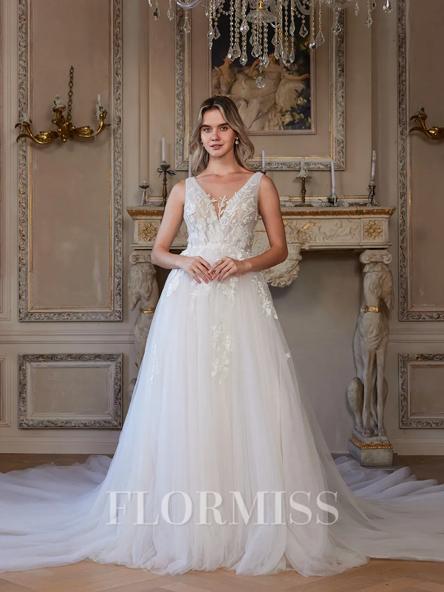 A-Line/Princess Tulle Applique V-neck Sleeveless Cathedral Train Wedding Dresses