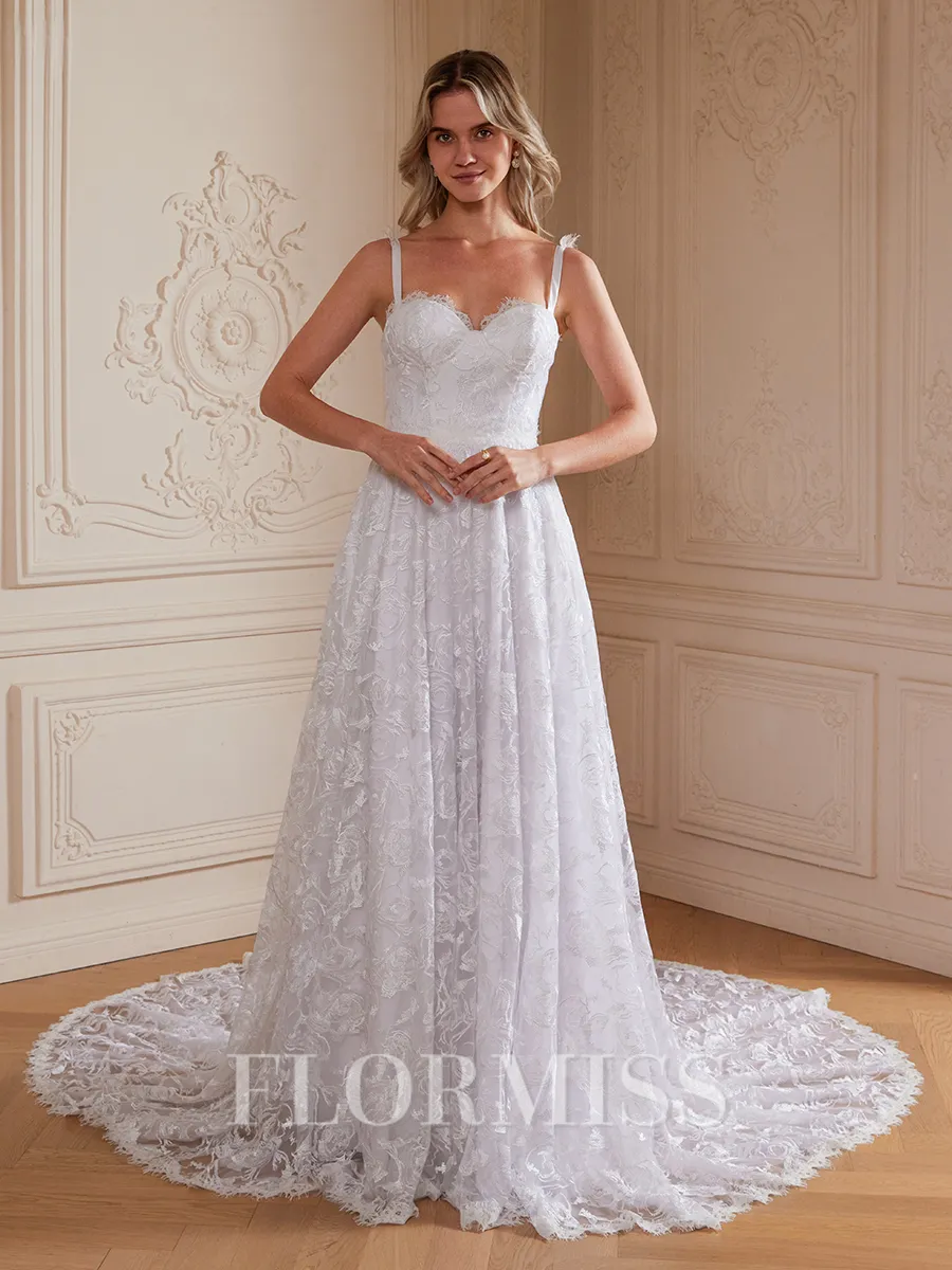 A-Line/Princess Lace Spaghetti Straps Sleeveless Chapel Train Wedding Dresses