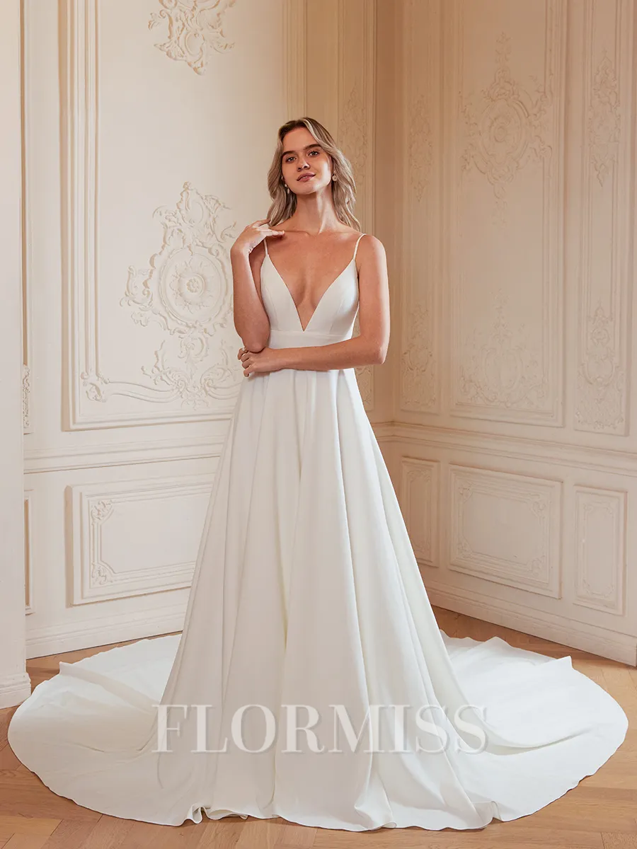 A-Line/Princess Stretch Crepe Lace V-neck Sleeveless Cathedral Train Wedding Dresses