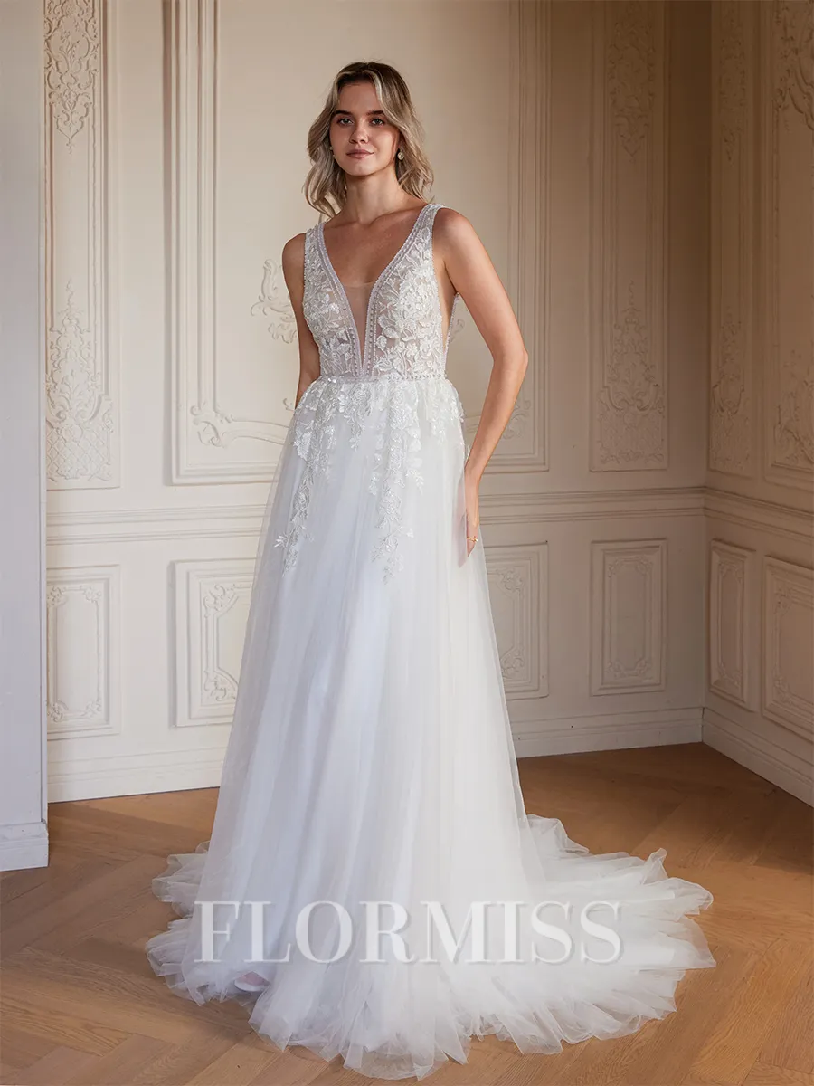 A-Line/Princess Tulle Applique V-neck Sleeveless Sweep/Brush Train Wedding Dresses