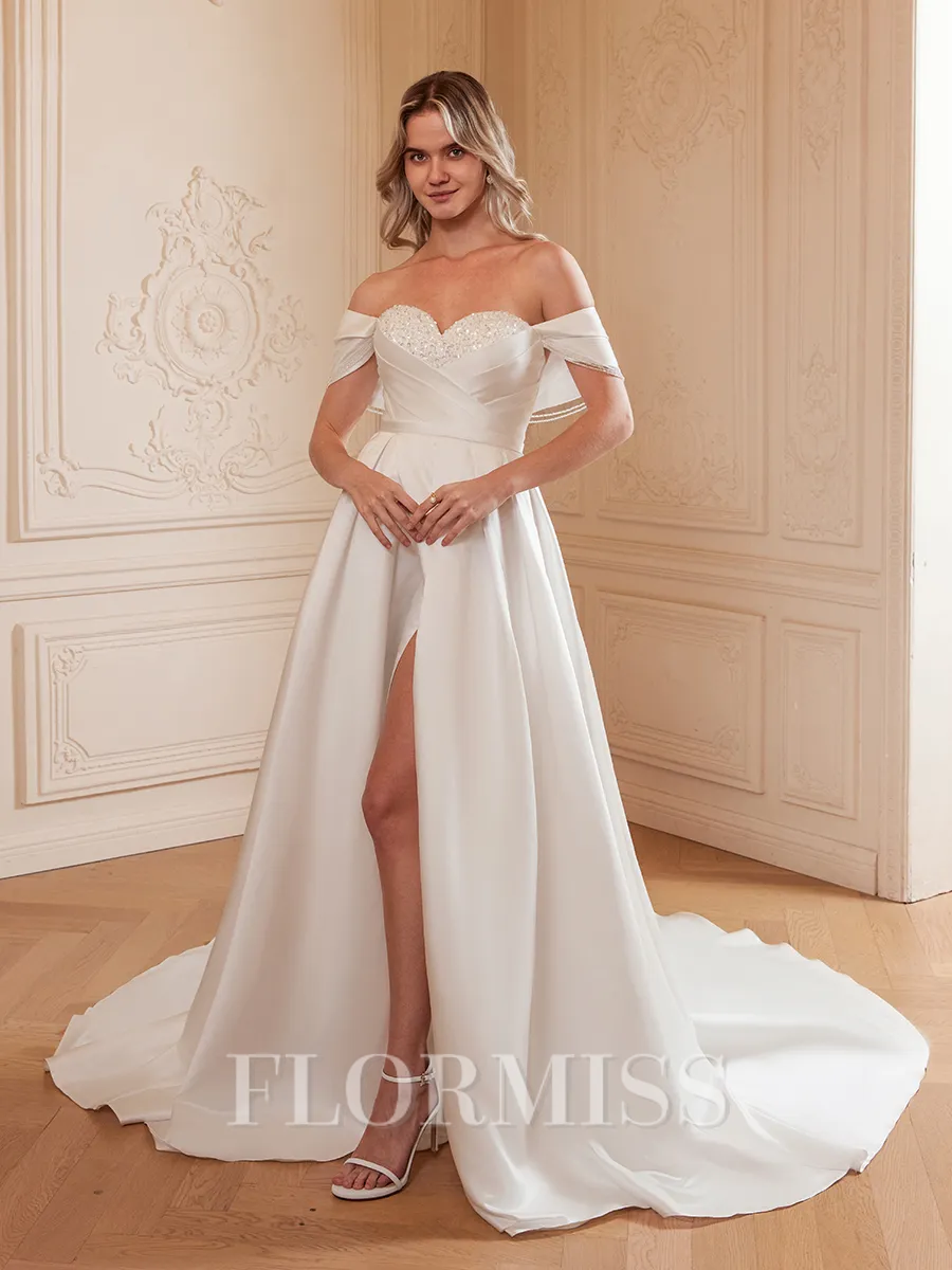 A-Line/Princess Satin Ruched Off-the-Shoulder Sleeveless Chapel Train Wedding Dresses