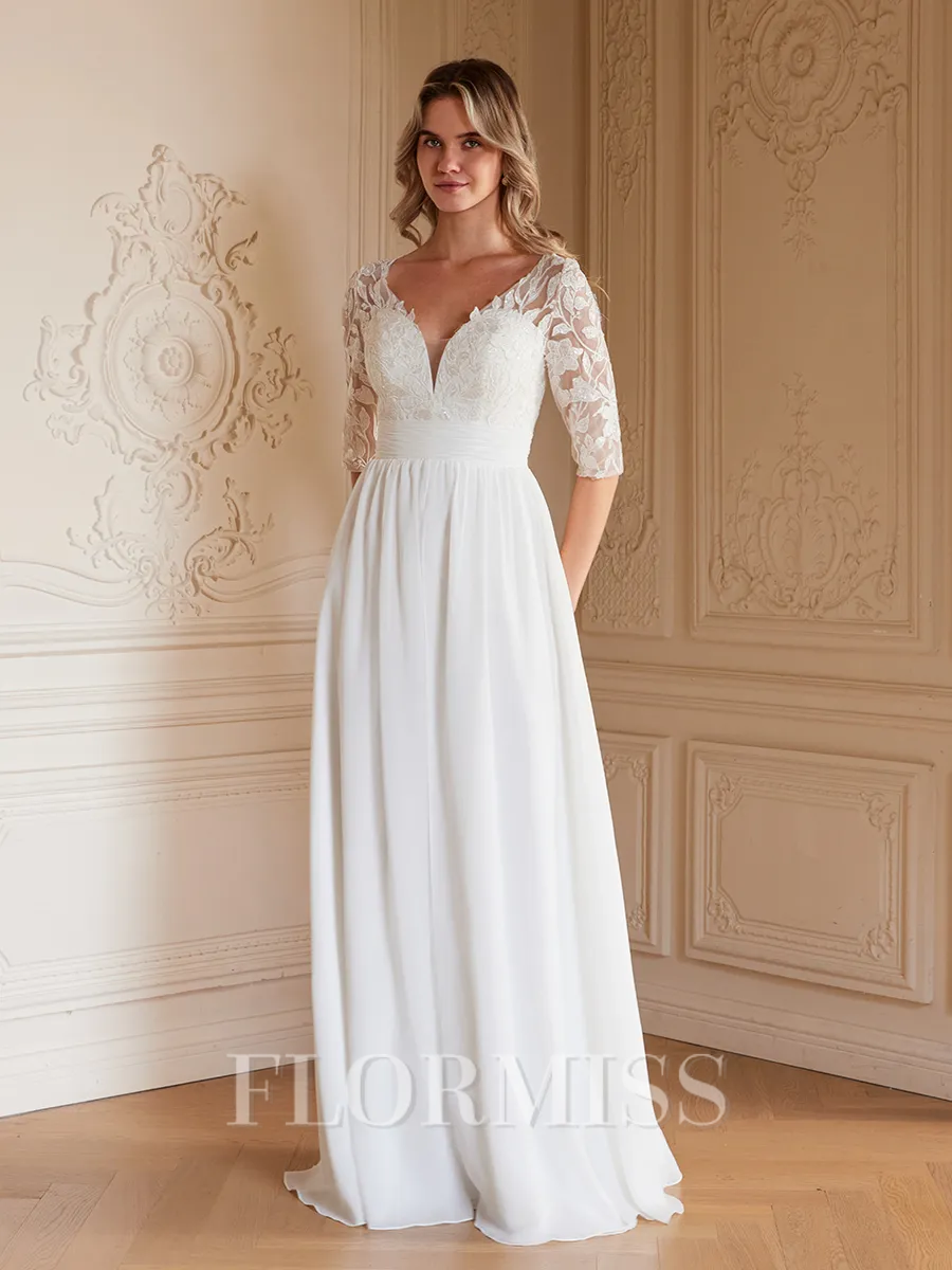 A-Line/Princess Chiffon Lace V-neck 1/2 Sleeves Floor-Length Wedding Dresses