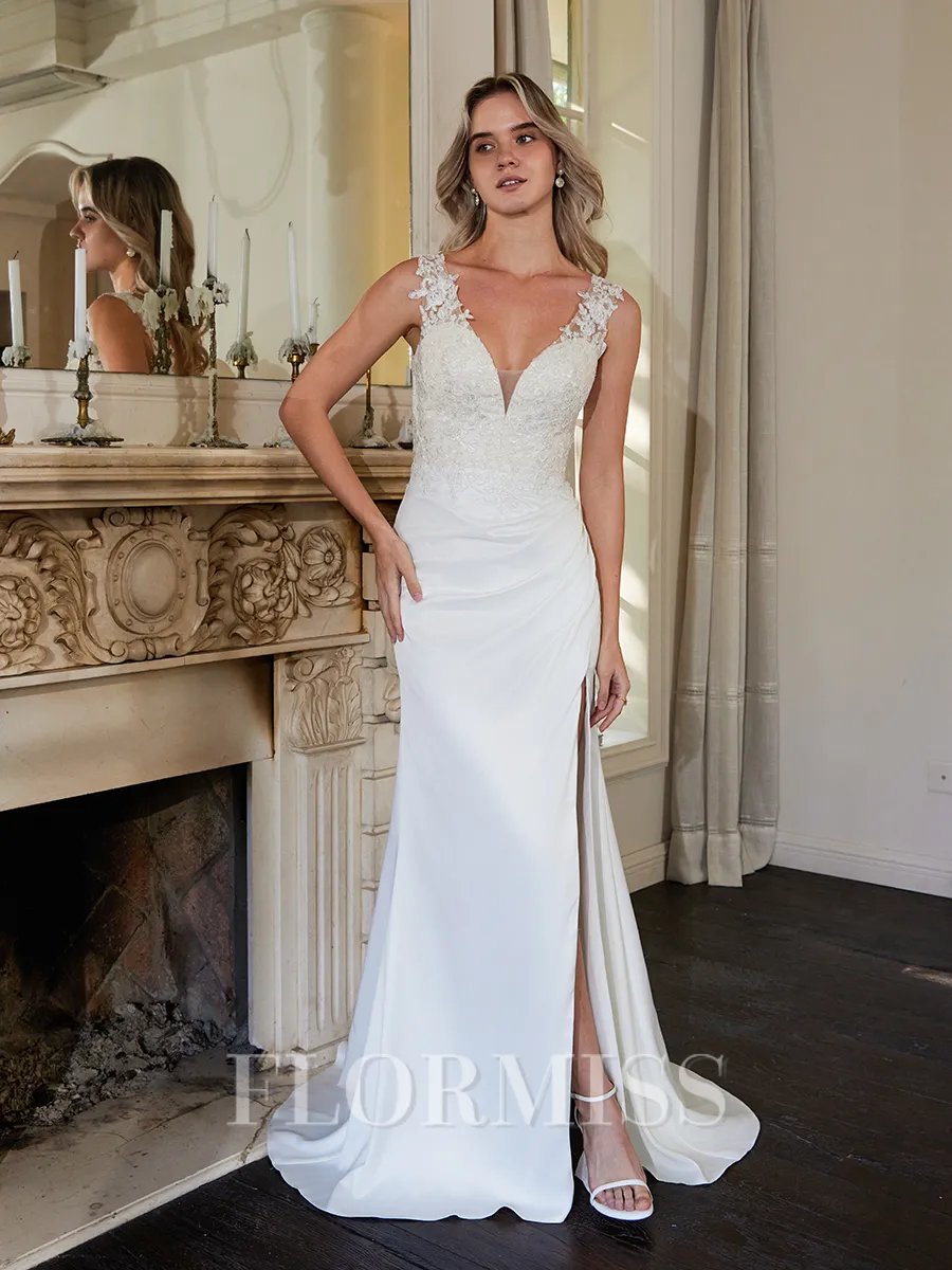 Sheath/Column Charmeuse Lace V-neck Sleeveless Sweep/Brush Train Wedding Dresses