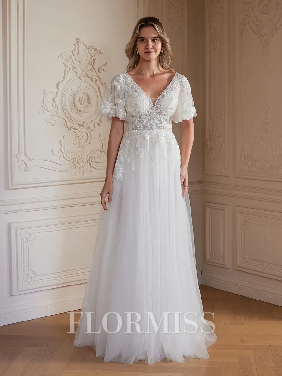 A-Line/Princess Tulle Lace V-neck Short Sleeves Floor-Length Wedding Dresses