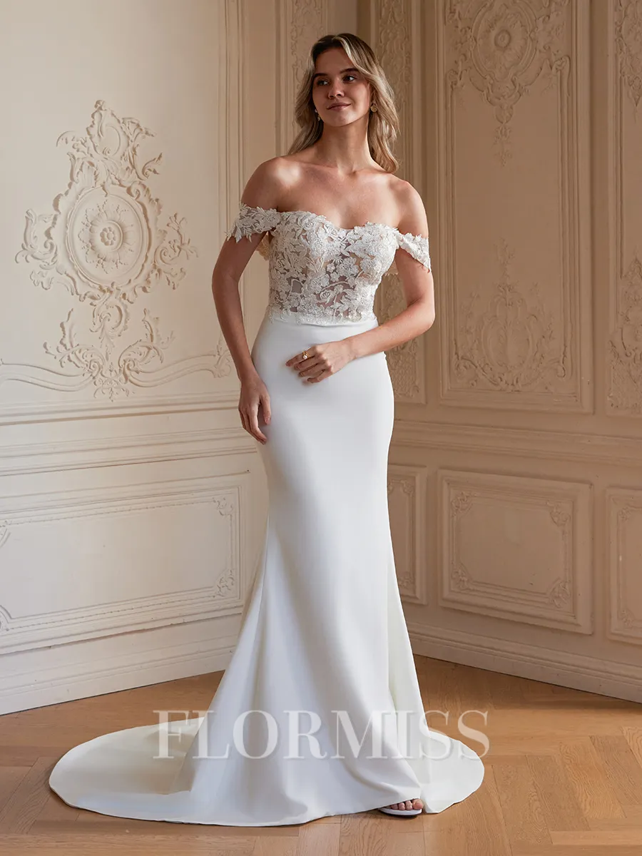 Sheath/Column Stretch Crepe Lace Off-the-Shoulder Sleeveless Court Train Wedding Dresses