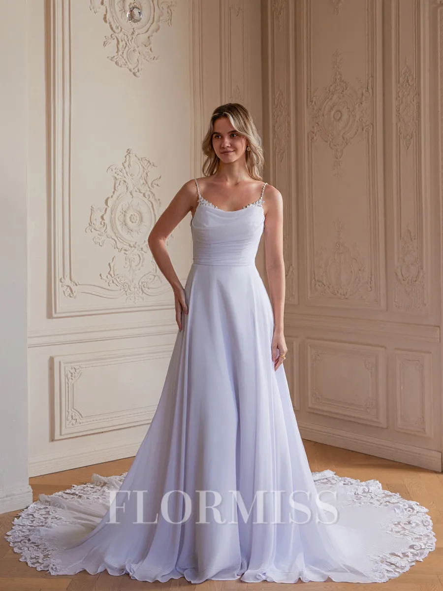 A-Line/Princess Chiffon Lace Spaghetti Straps Sleeveless Chapel Train Wedding Dresses