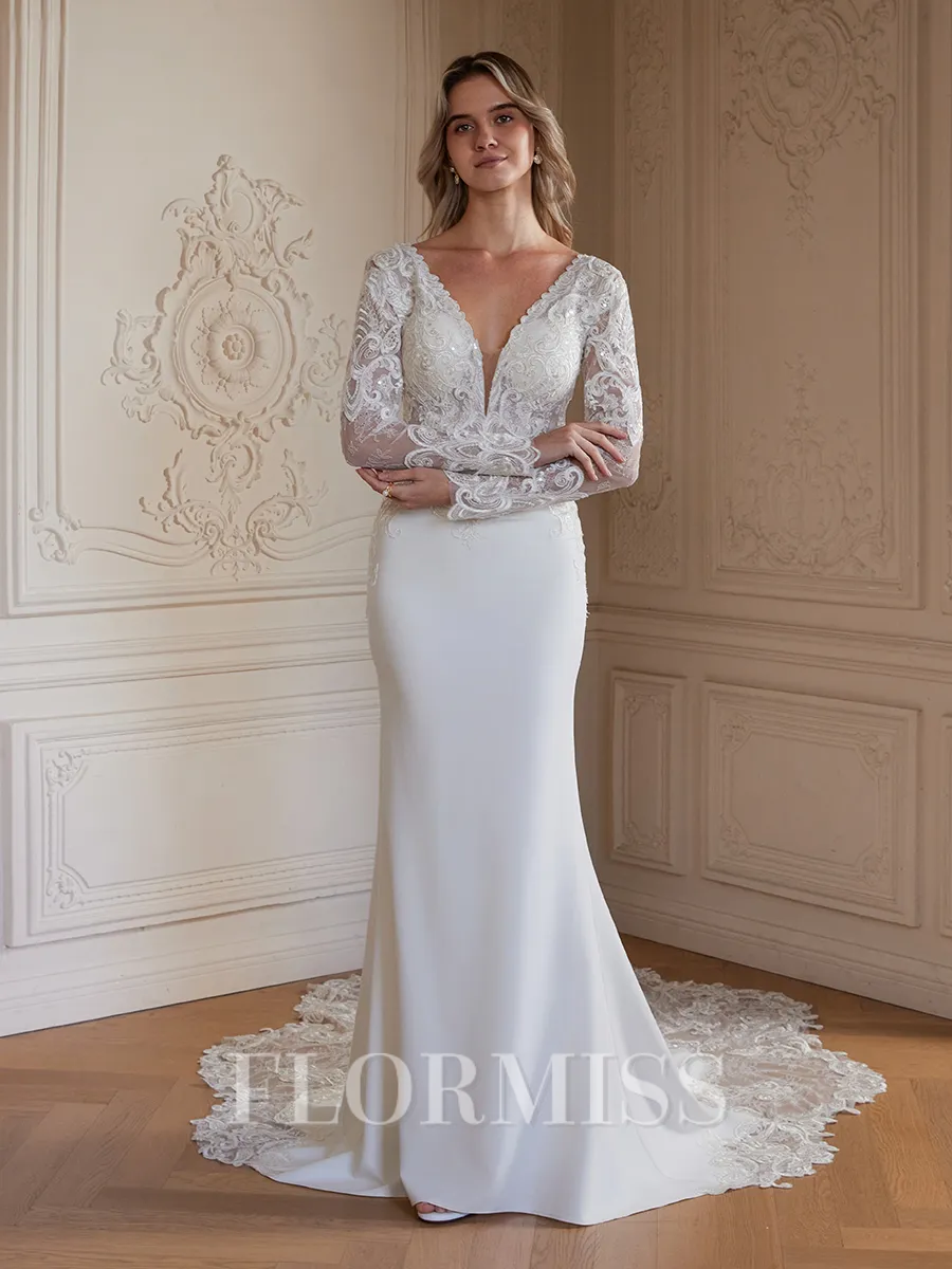 Sheath/Column Stretch Crepe Lace V-neck Long Sleeves Cathedral Train Wedding Dresses