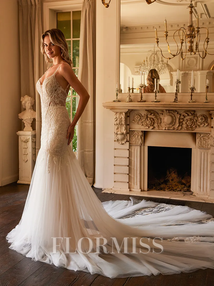 Trumpet/Mermaid Tulle Lace V-neck Sleeveless Cathedral Train Wedding Dresses