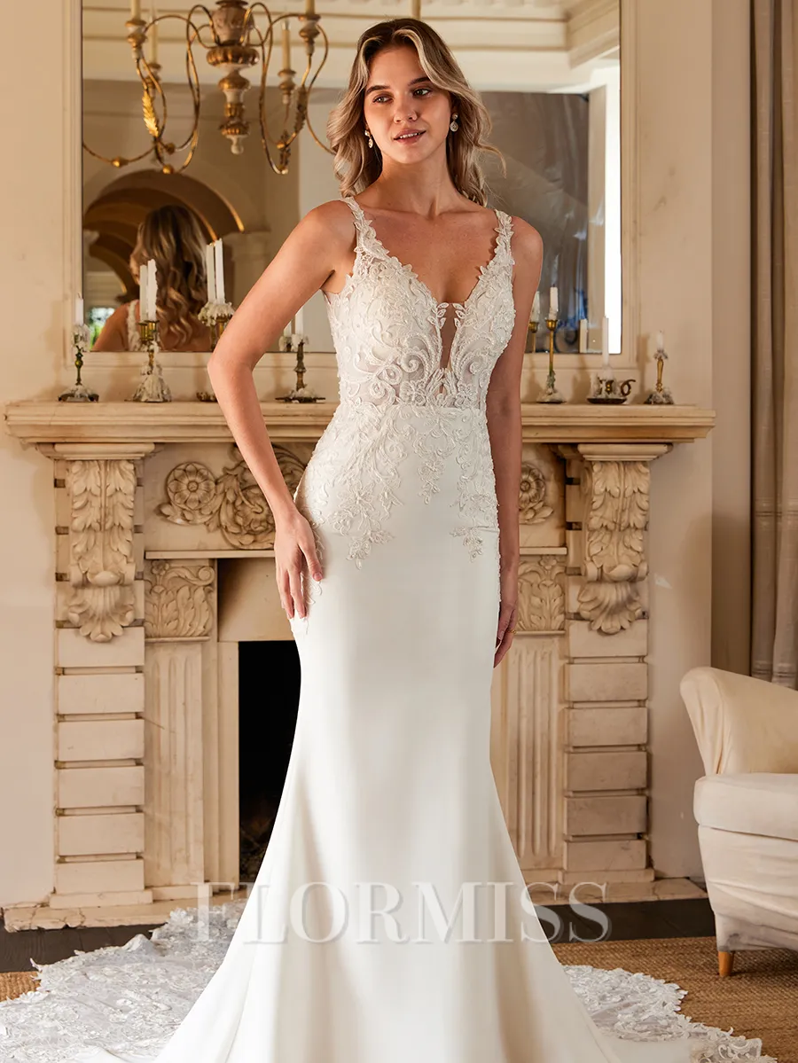 Sheath/Column Stretch Crepe Lace V-neck Sleeveless Cathedral Train Wedding Dresses