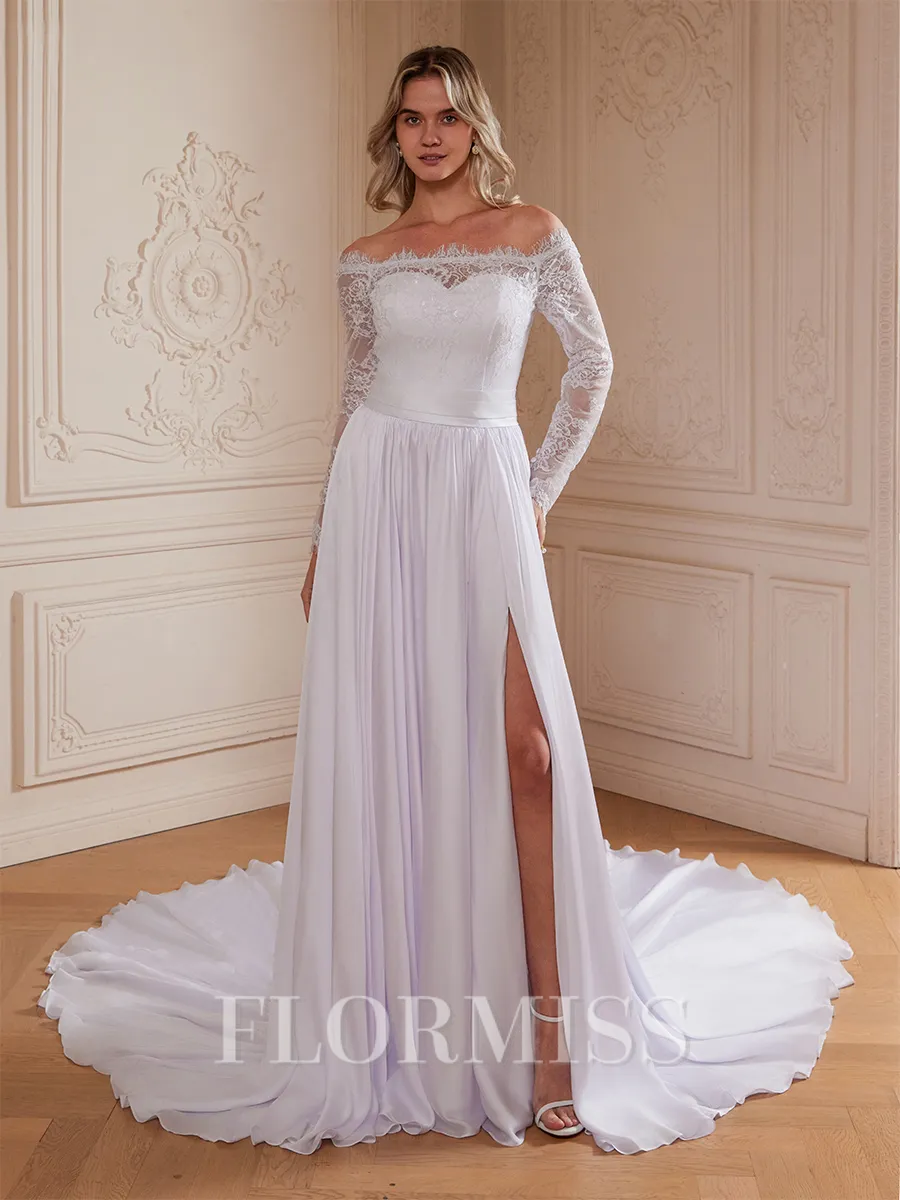 A-Line/Princess Satin Chiffon Lace Off-the-Shoulder Long Sleeves Cathedral Train Wedding Dresses